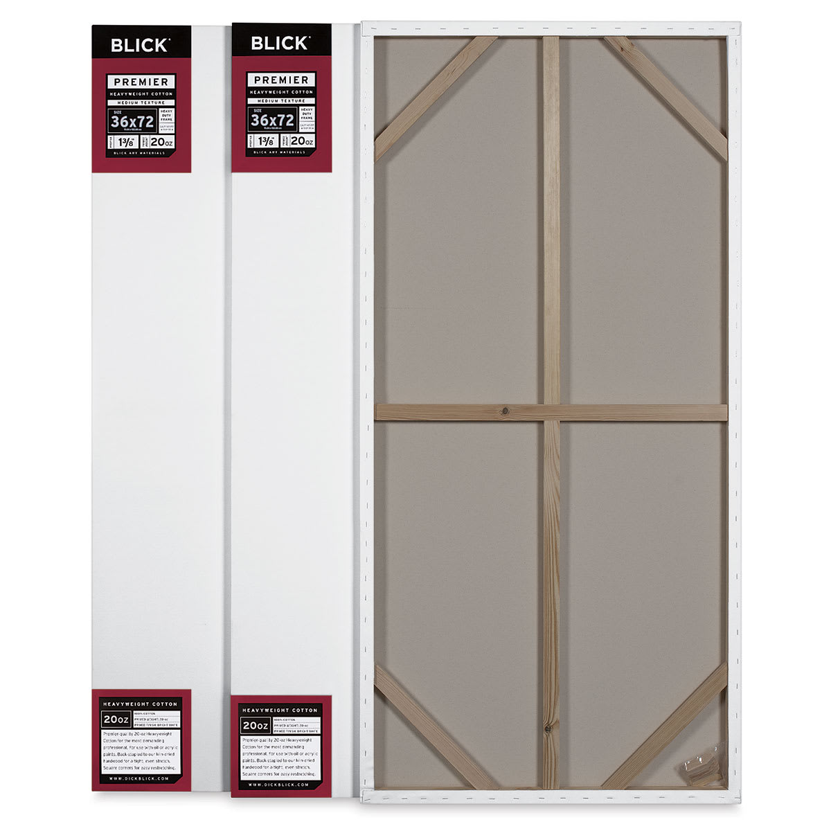 Blick Premier Heavyweight Stretched Cotton Canvas - 36" x 72", 1-3/8" Profile, Pkg of 3 showing the back of one canvas