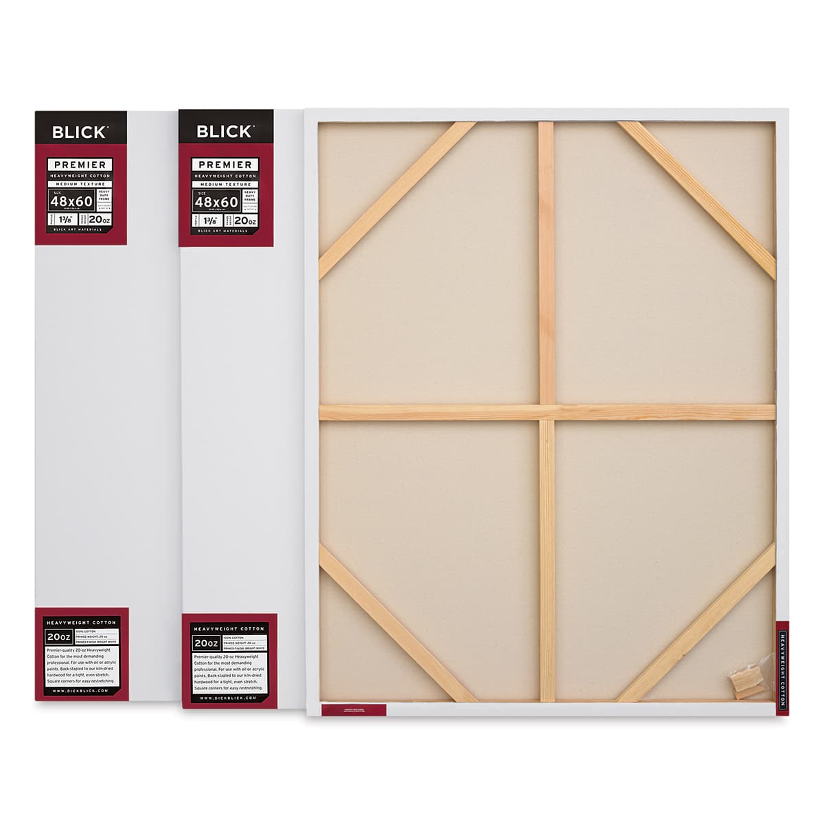Blick Premier Heavyweight Stretched Cotton Canvas - 48" x 60", 1-3/8" Profile, Pkg of 3 with one showing the back