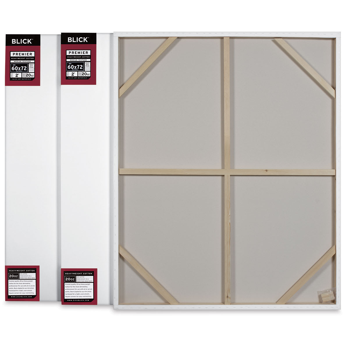 Blick Premier Heavyweight Stretched Cotton Canvas - 60" x 72", 2" Profile, Pkg of 3 showing the back of one of the canvas