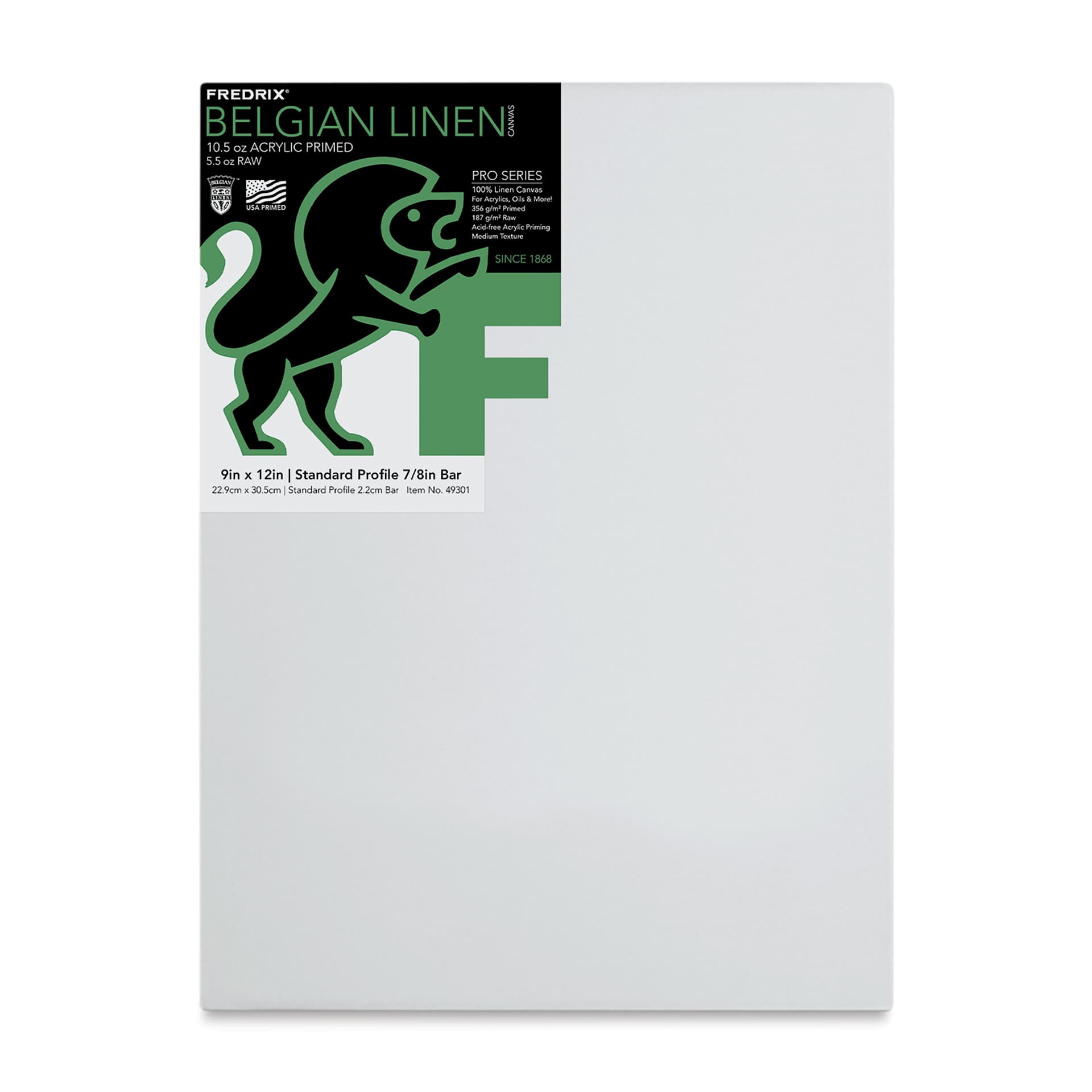 Fredrix Pro Series Belgian Linen Canvas - Front of canvas with label