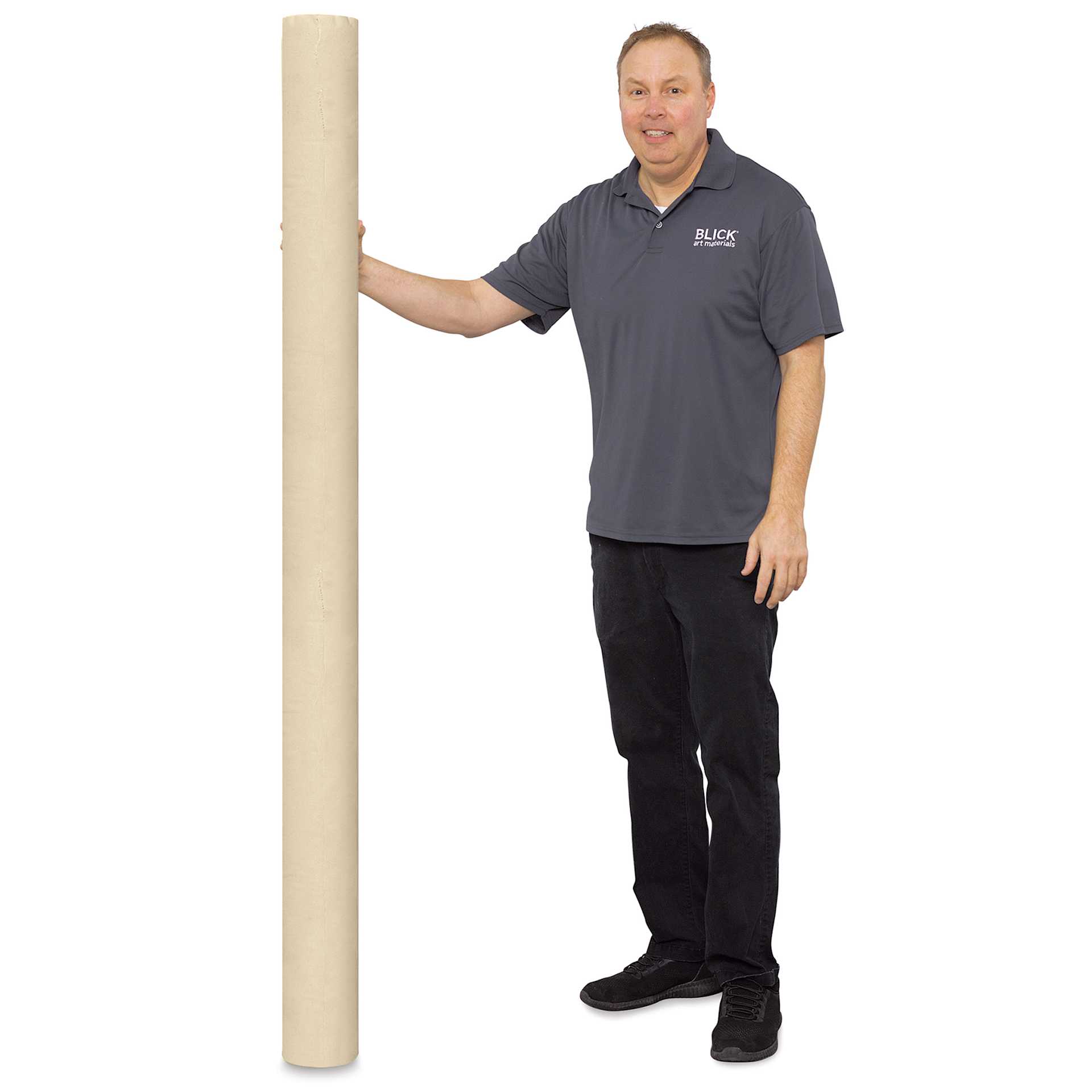 Blick Unprimed Cotton Canvas - Medium Weight, Portrait-Smooth Texture, 10 oz, 72" x 25 yds being held by a man (6'2").