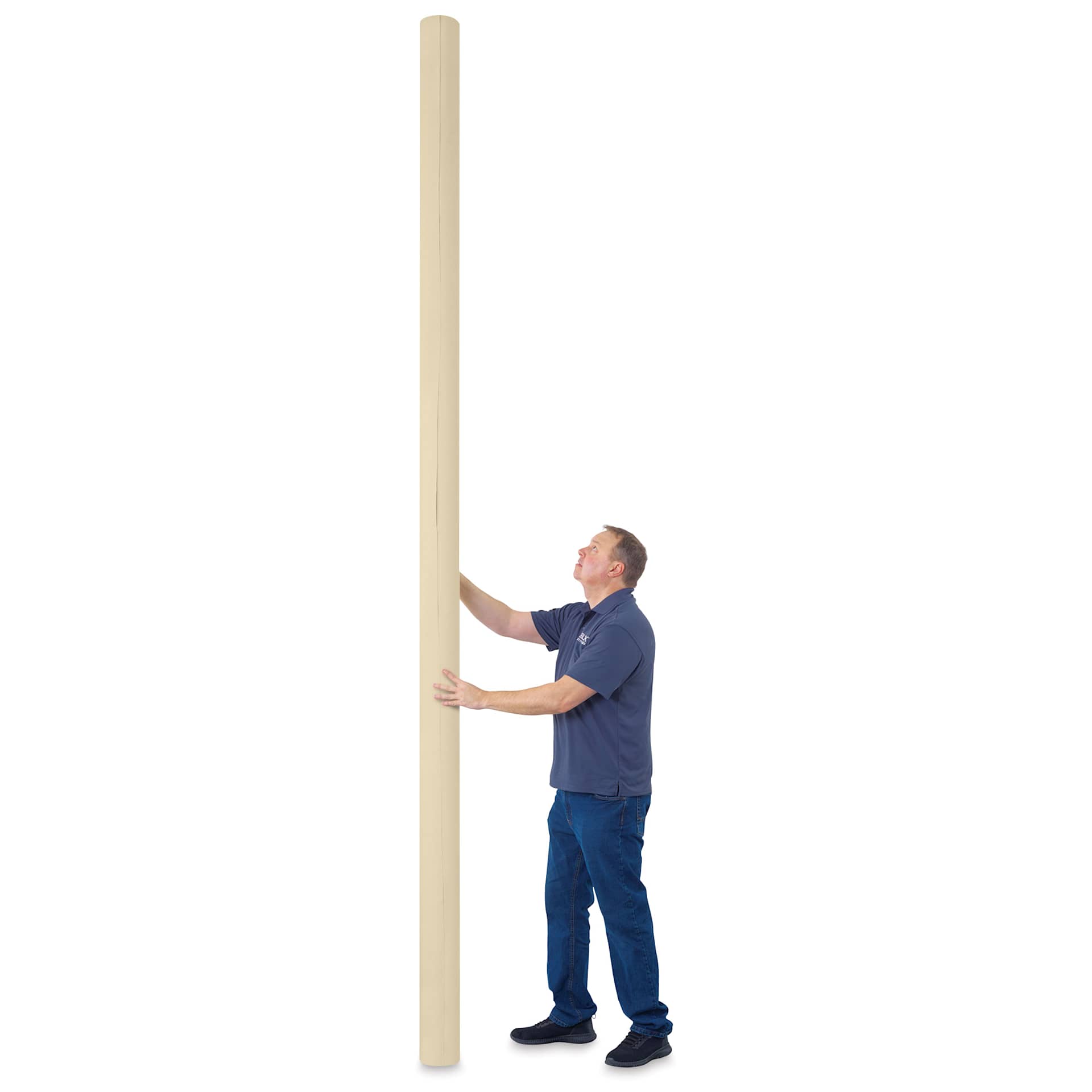 Blick Unprimed Cotton Canvas - Medium Weight, Medium-Smooth Texture, 144" x 10 yds, man standing next to canvas