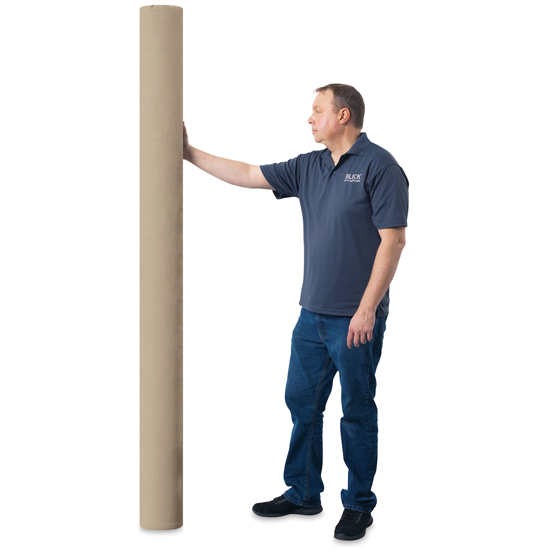 Blick Unprimed Belgian Linen Canvas - Type 215, Medium Rough, 84" x 50 yds, Roll, man holding canvas roll
