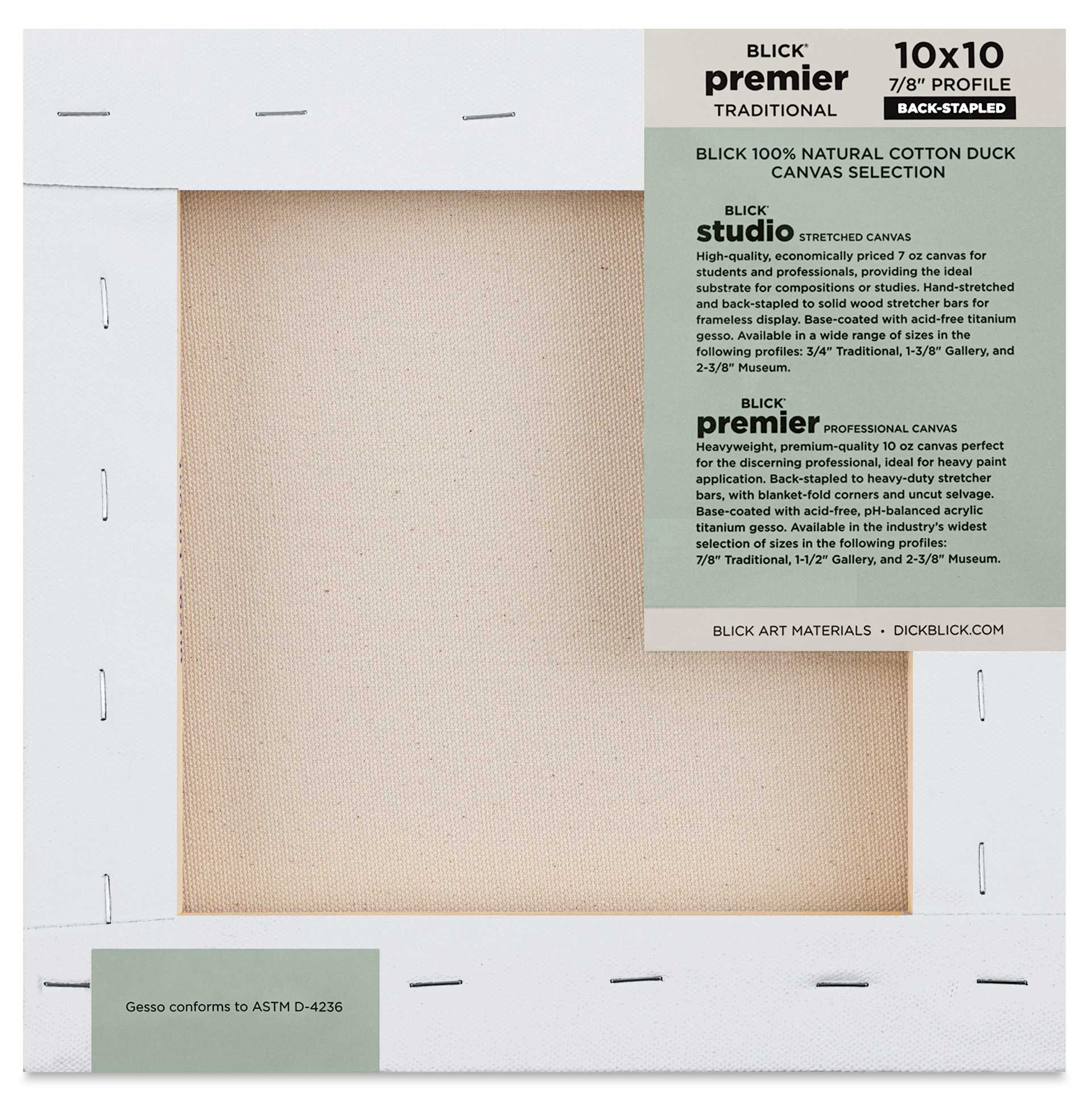 Blick Premier Stretched Cotton Canvas - Traditional Profile, Back-Stapled, 10" x 10", back