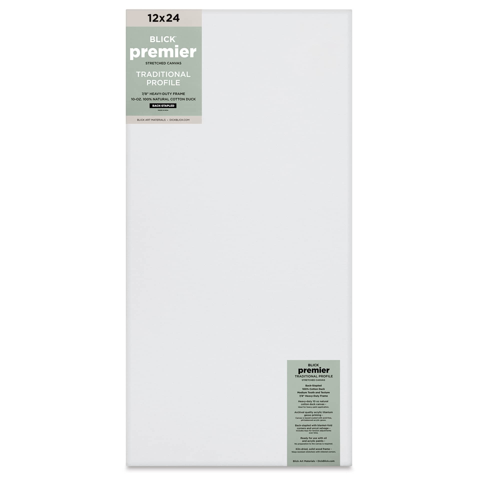 Blick Premier Stretched Cotton Canvas - Traditional Profile, Back-Stapled, 12" x 24", front