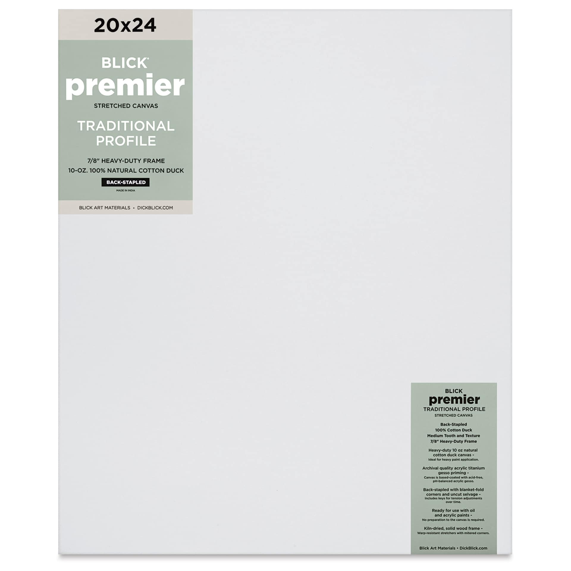 Blick Premier Stretched Cotton Canvas - Traditional Profile, Back-Stapled, 20" x 24", front