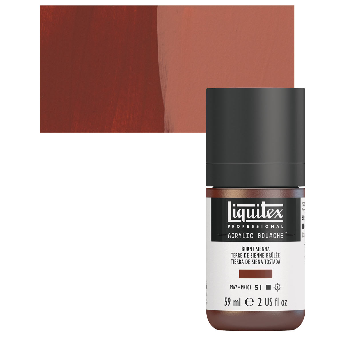 Liquitex Acrylic Gouache - Burnt Sienna, 59 ml bottle and swatch