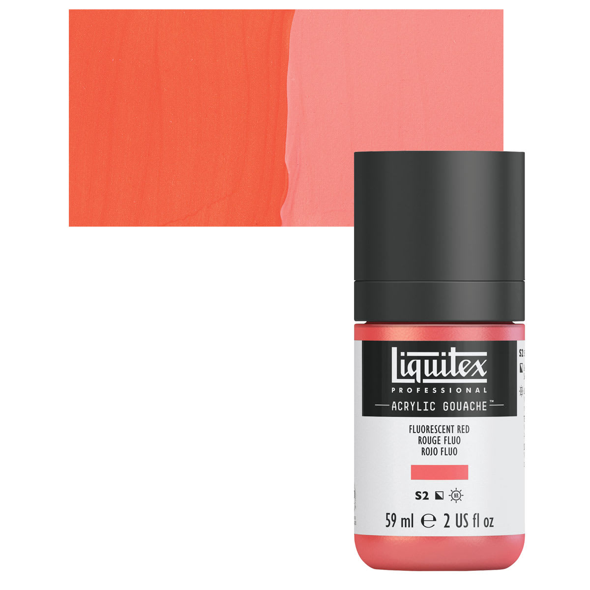 Liquitex Acrylic Gouache - Fluorescent Red, 59 ml bottle and swatch