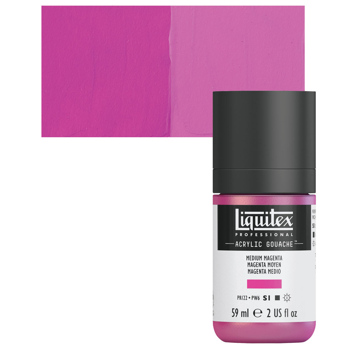 Liquitex Acrylic Gouache - Medium Magenta, 59 ml bottle and swatch