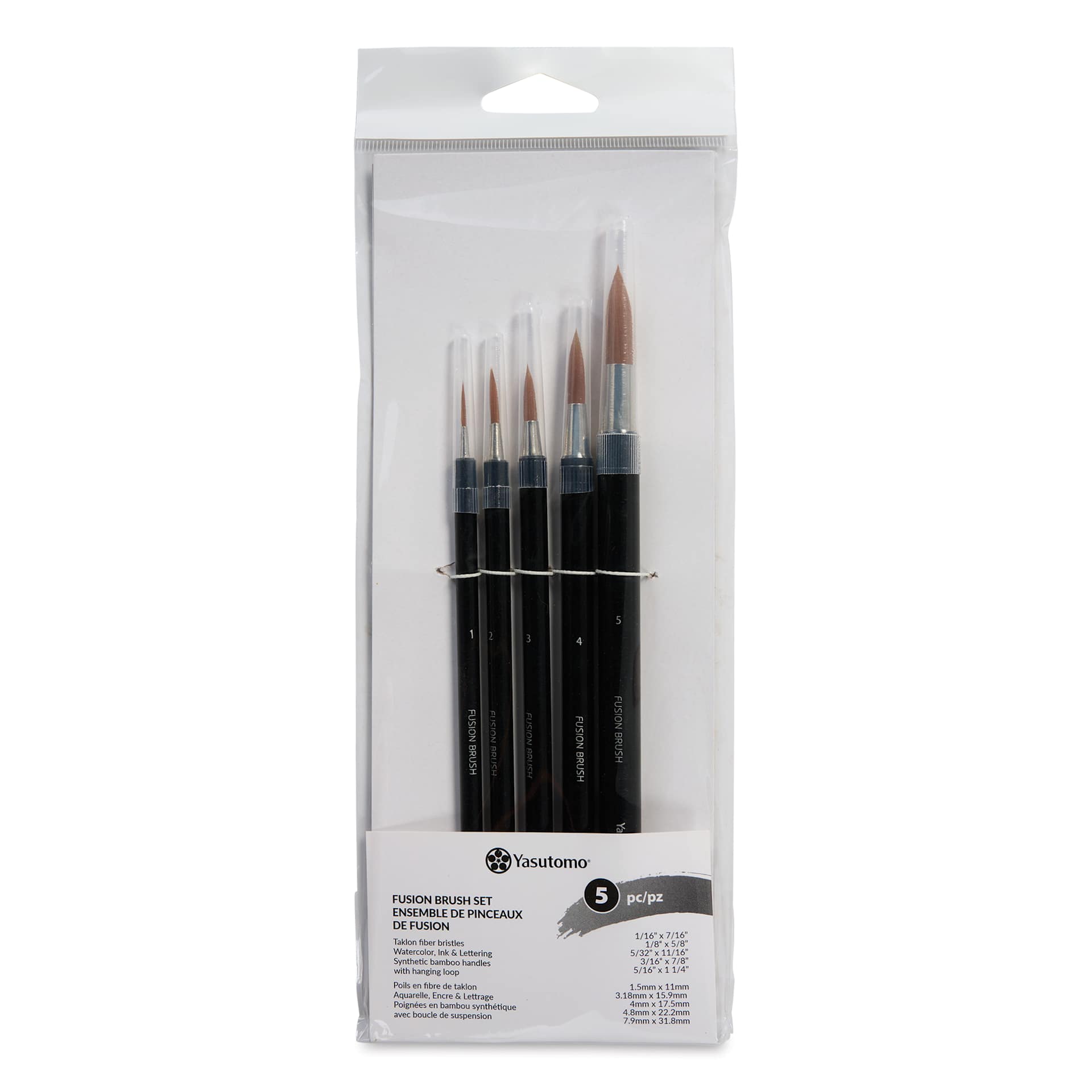 Yasutomo Fusion Synthetic Brushes - Round, Short Handle, Set of 5, front packaging