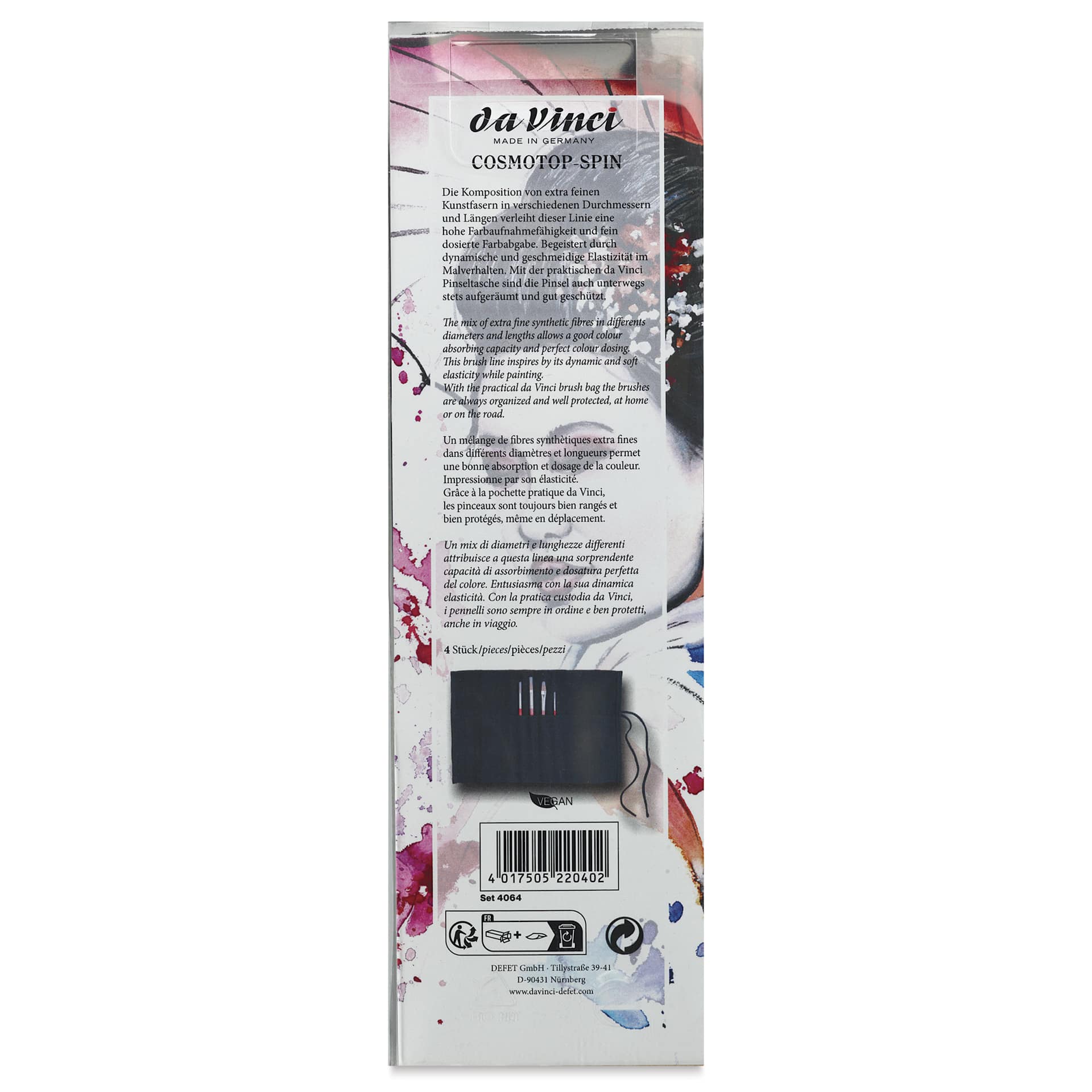 Da Vinci Cosmotop Spin Brushes - Assorted, Set of 4 with Carrying Bag, back of the packaging