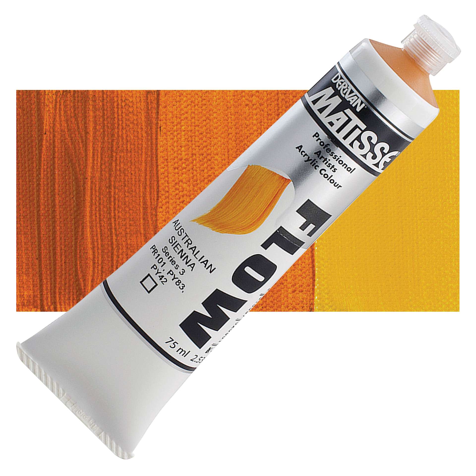 Matisse Flow Acrylic Paint - Australian Sienna, 75 ml tube and swatch