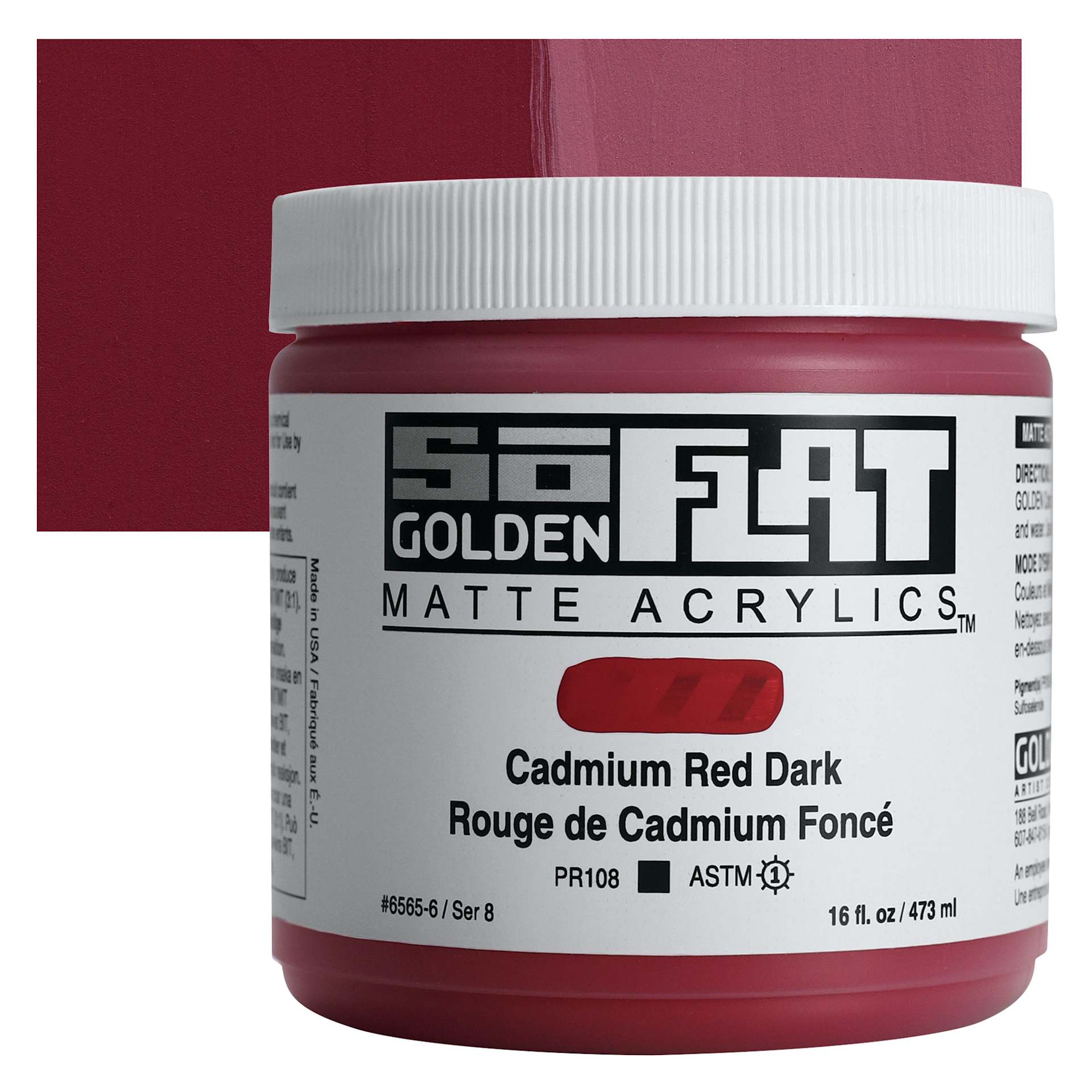 Golden SoFlat Matte Acrylic Paint - Cadmium Red Dark, 473 ml, Jar and swatch