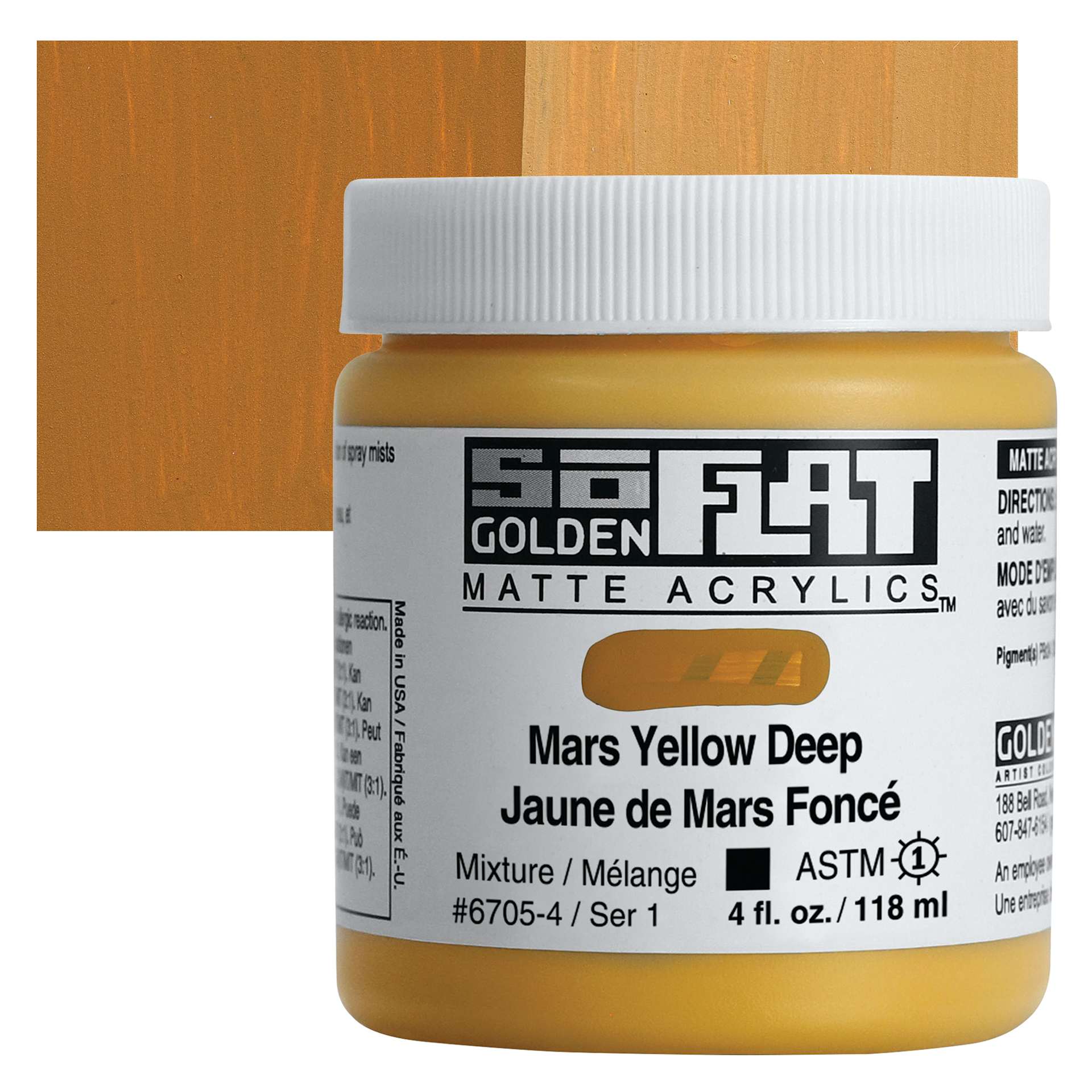 Golden SoFlat Matte Acrylic Paint - Mars Yellow Deep, 118 ml, Jar and swatch