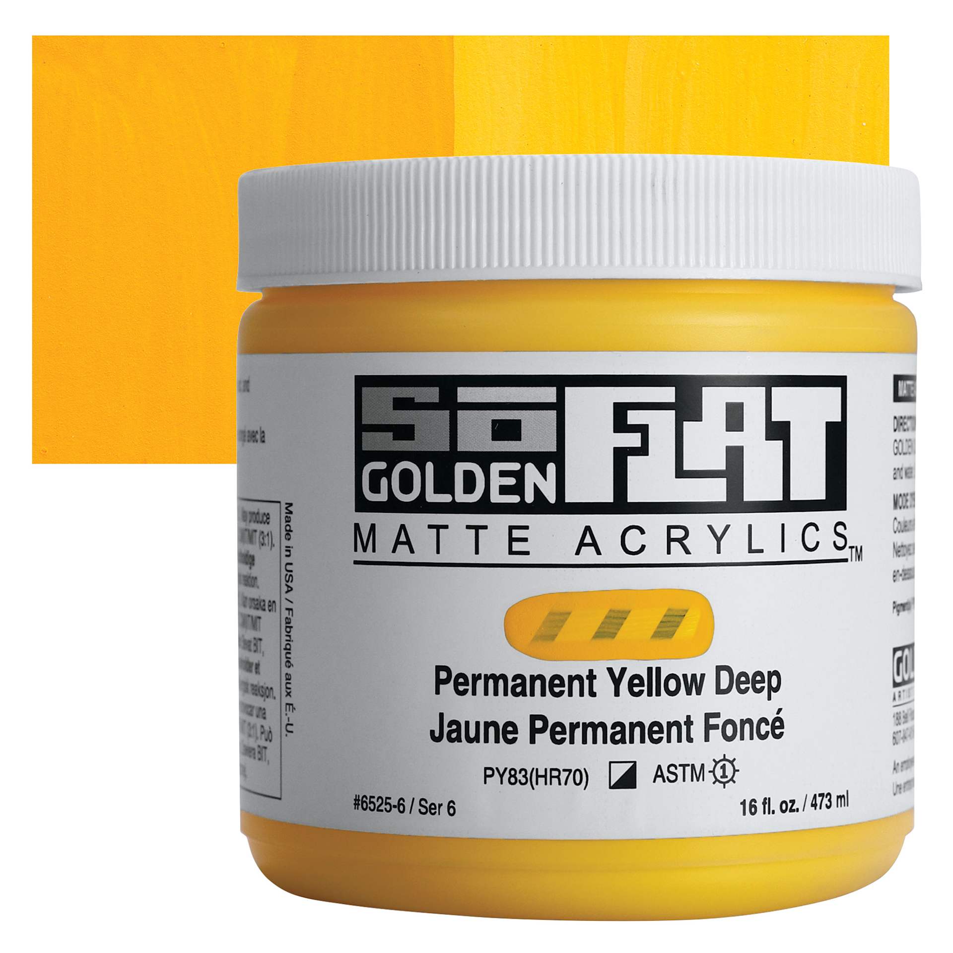 Golden SoFlat Matte Acrylic Paint - Permanent Yellow Deep, 473 ml, Jar and swatch
