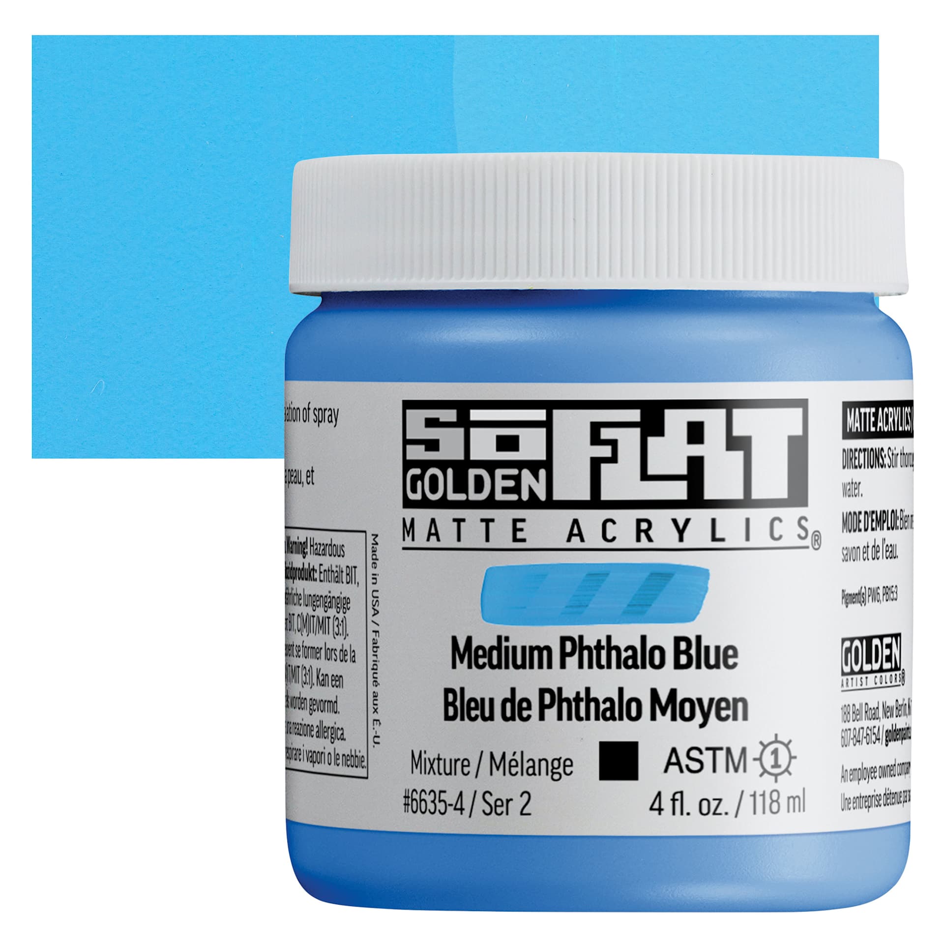 Golden SoFlat Matte Acrylic Paint - Medium Phthalo Blue, 118 ml, Jar and swatch
