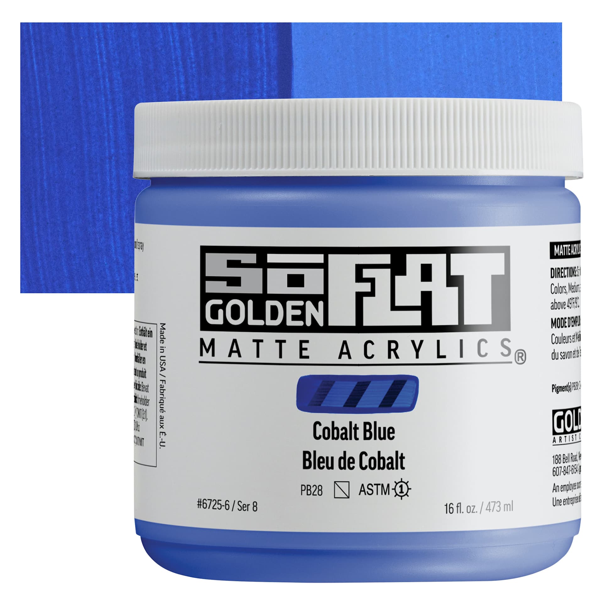 Golden SoFlat Matte Acrylic Paint - Cobalt Blue, 473 ml, Jar and swatch