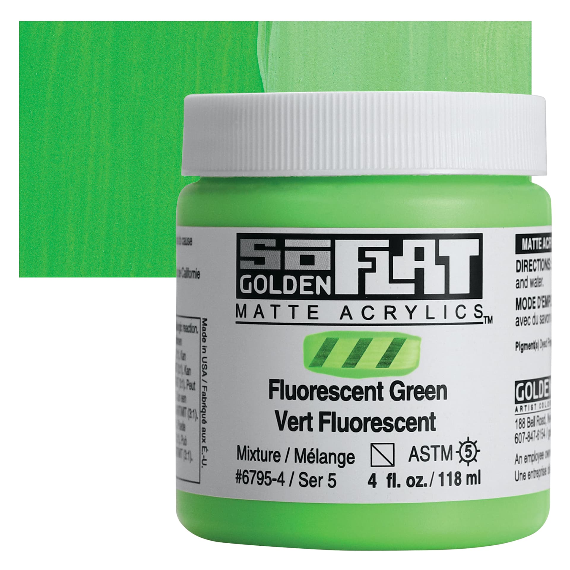 Golden SoFlat Matte Acrylic Paint - Fluorescent Green, 118 ml, Jar and swatch