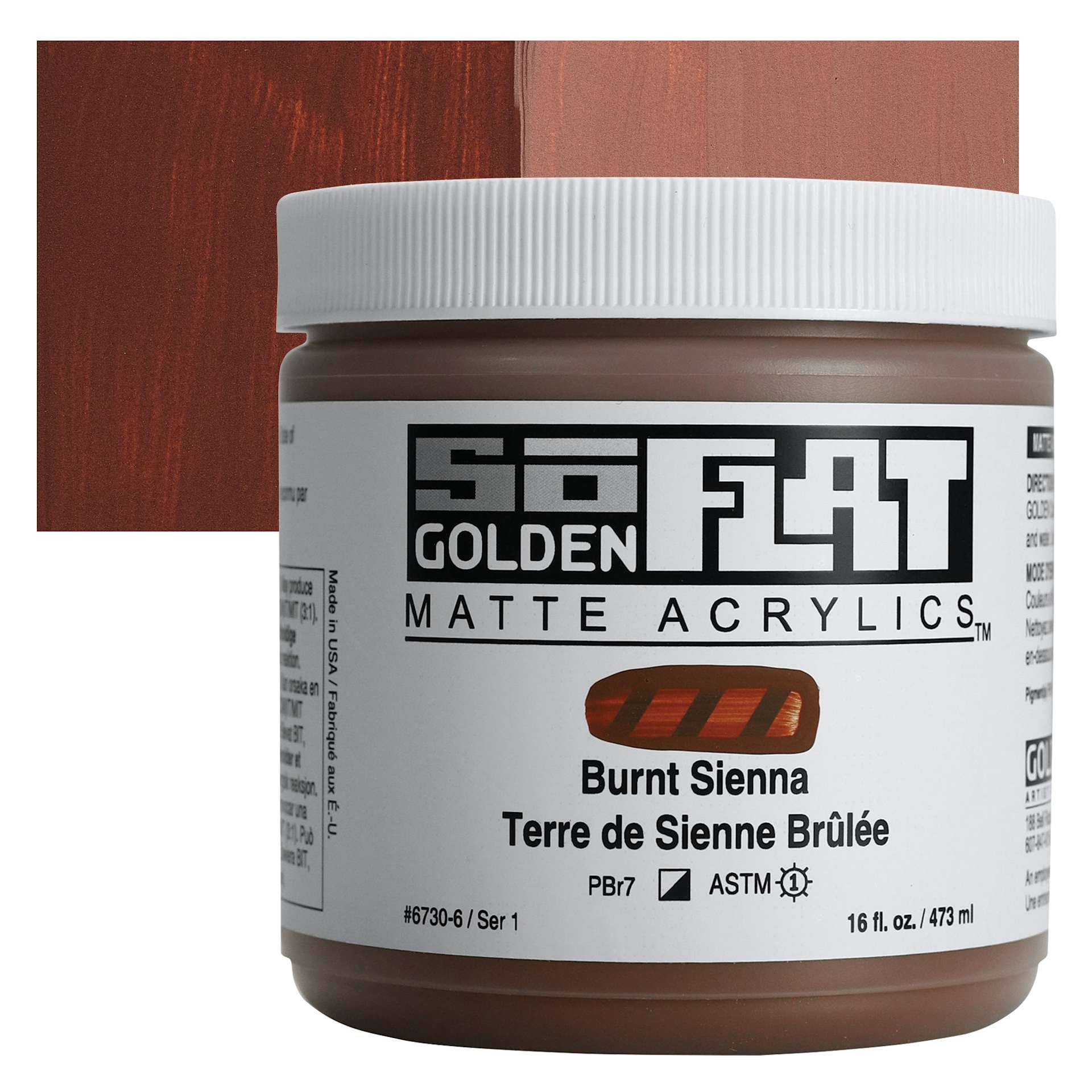 Golden SoFlat Matte Acrylic Paint - Burnt Sienna, 473 ml, Jar and swatch