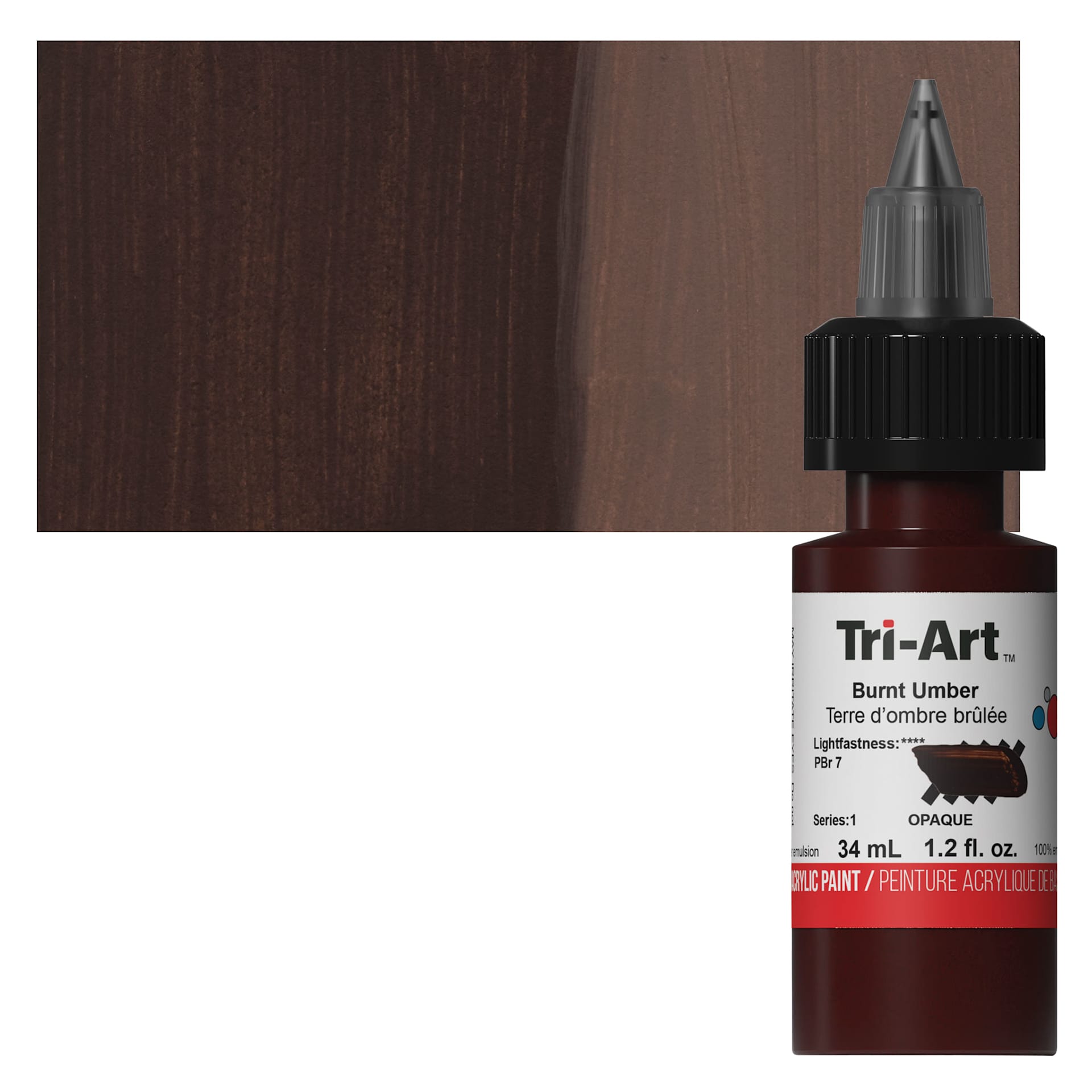 Tri-Art Low-Viscosity Artist Acrylic - Burnt Umber, 34 ml Tube and swatch