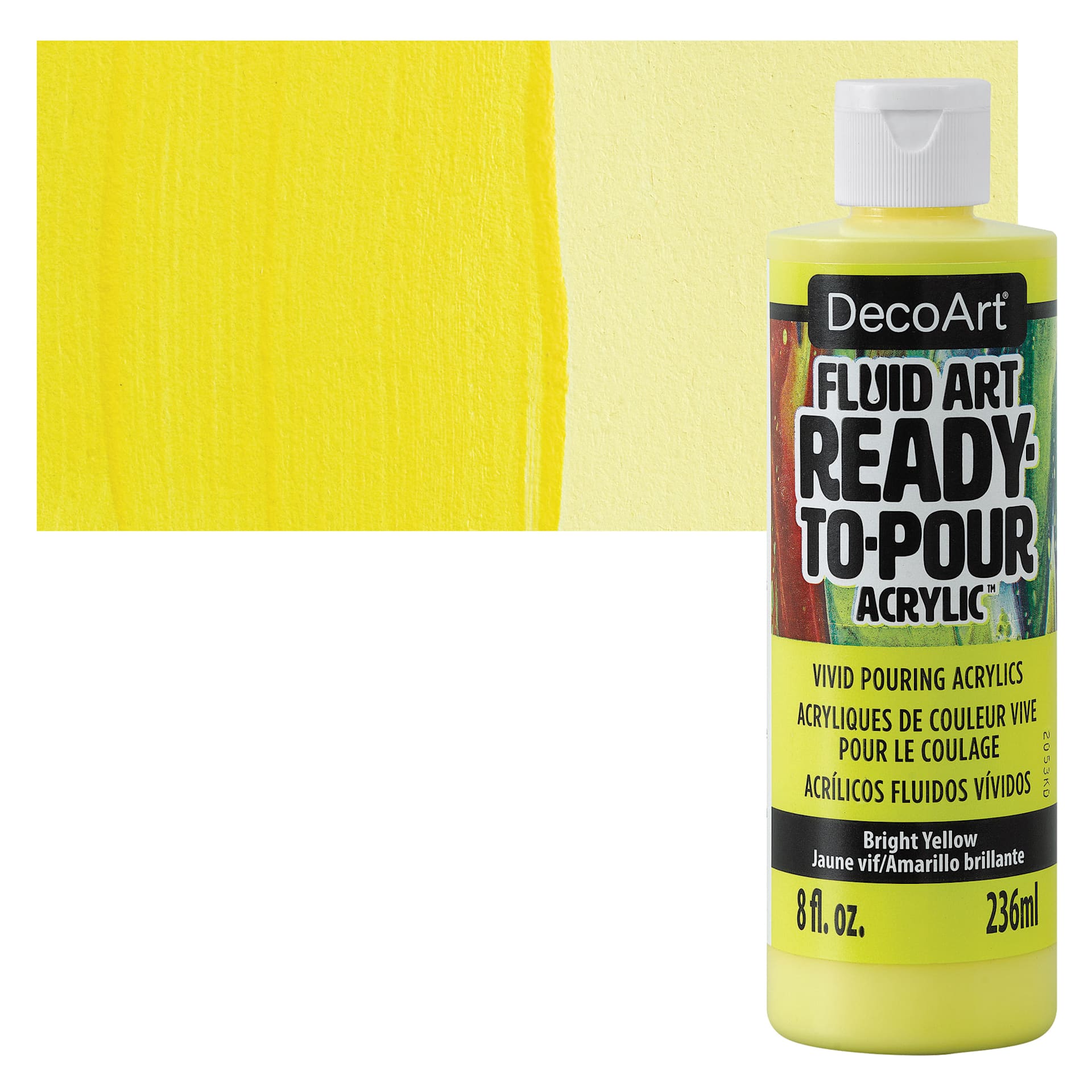 DecoArt Fluid Art Ready-To-Pour Acrylic - Bright Yellow, 8 oz Bottle and swatch