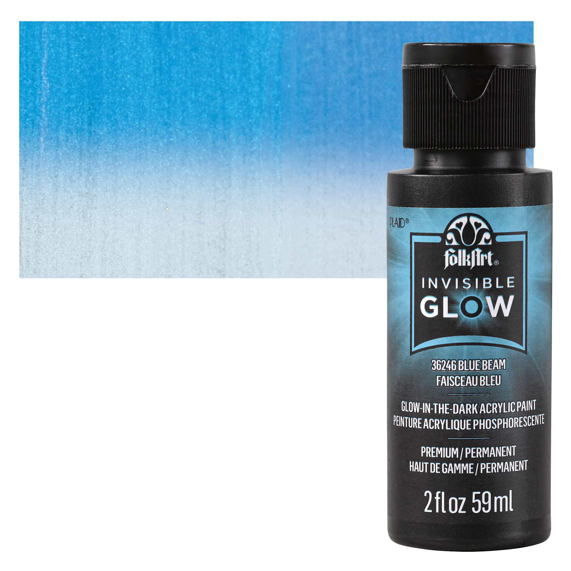 FolkArt Invisible Glow Acrylic Paint - Blue Beam, 2 oz bottle and swatch