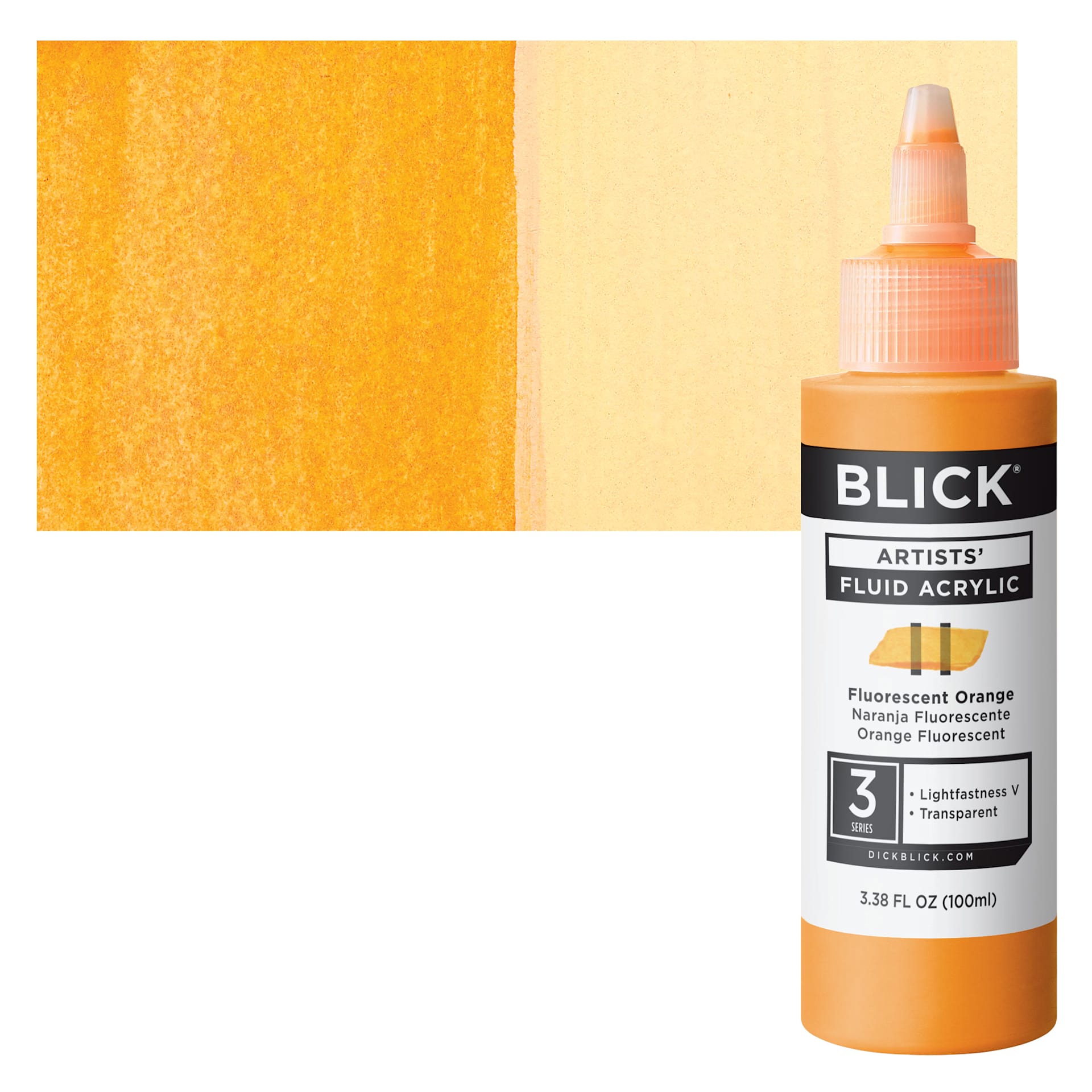 Blick Artists’ Fluid Acrylic - Fluorescent Orange, 100 ml bottle and swatch