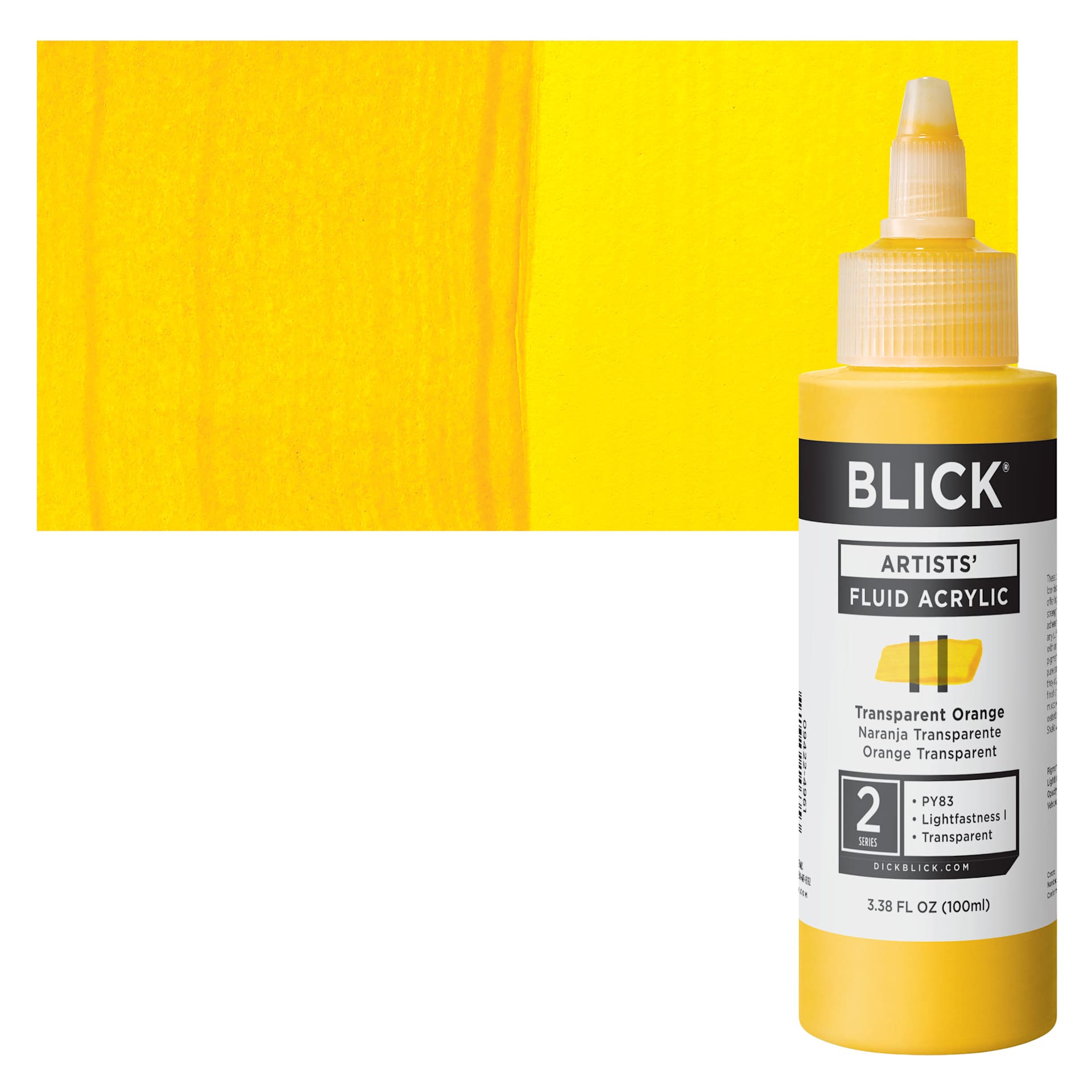 Blick Artists’ Fluid Acrylic - Transparent Orange, 100 ml bottle and swatch