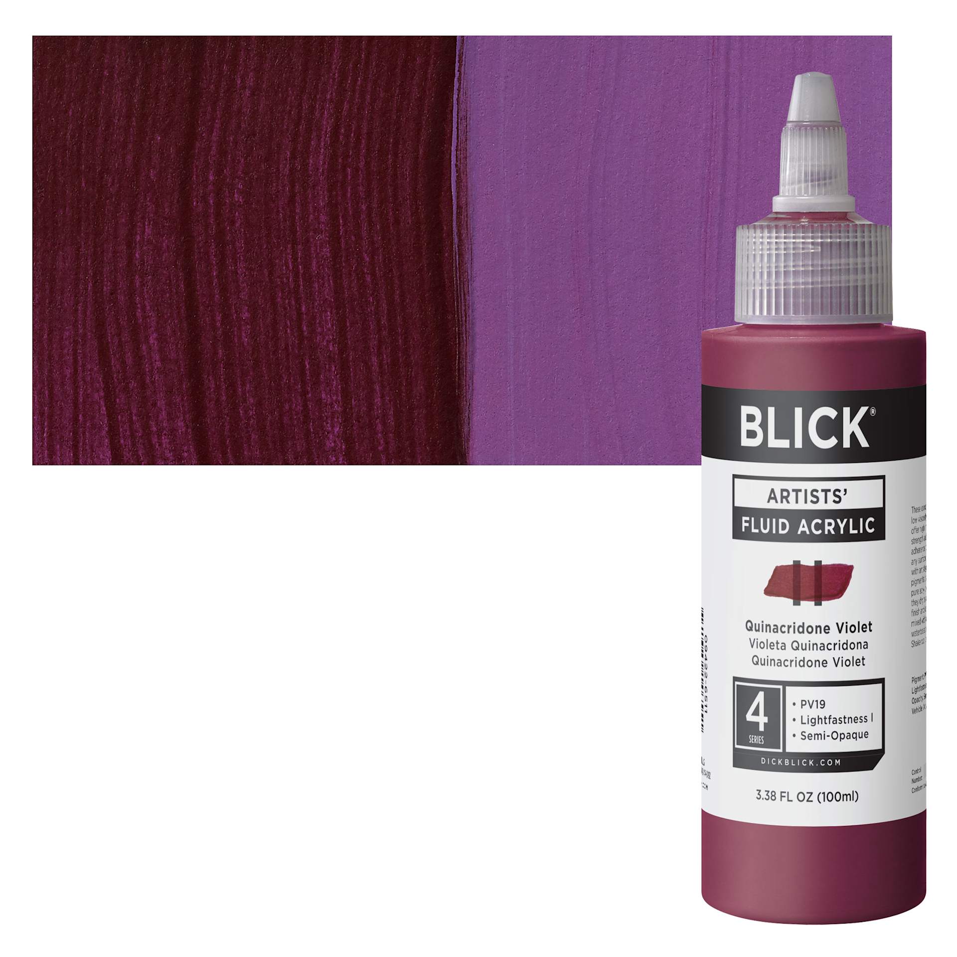 Blick Artists’ Fluid Acrylic - Quinacridone Violet, 100 ml bottle and swatch