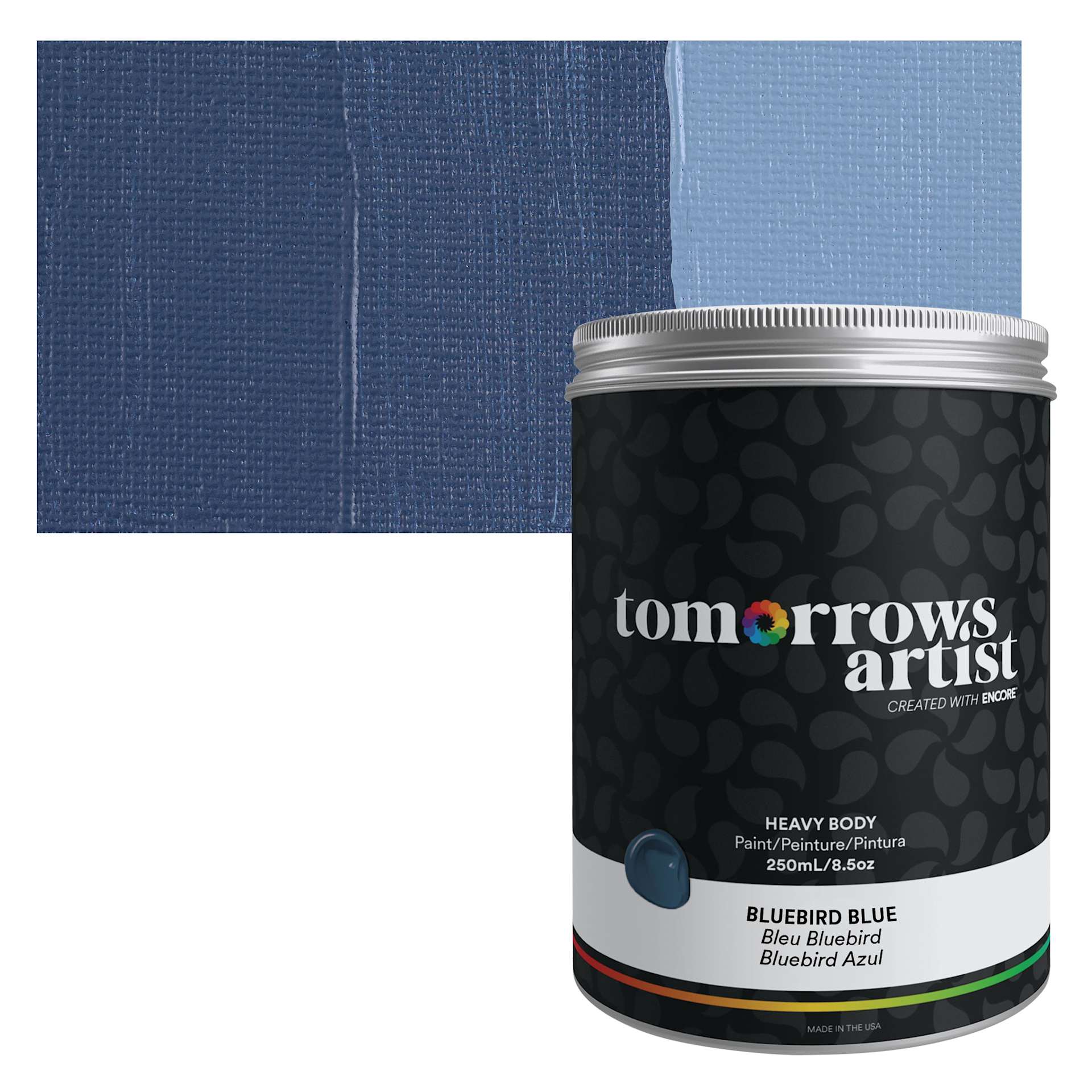 Tomorrow's Artist Eco-Friendly Heavy Body Acrylic Paint - Bluebird Blue, 250 ml jar and swatch