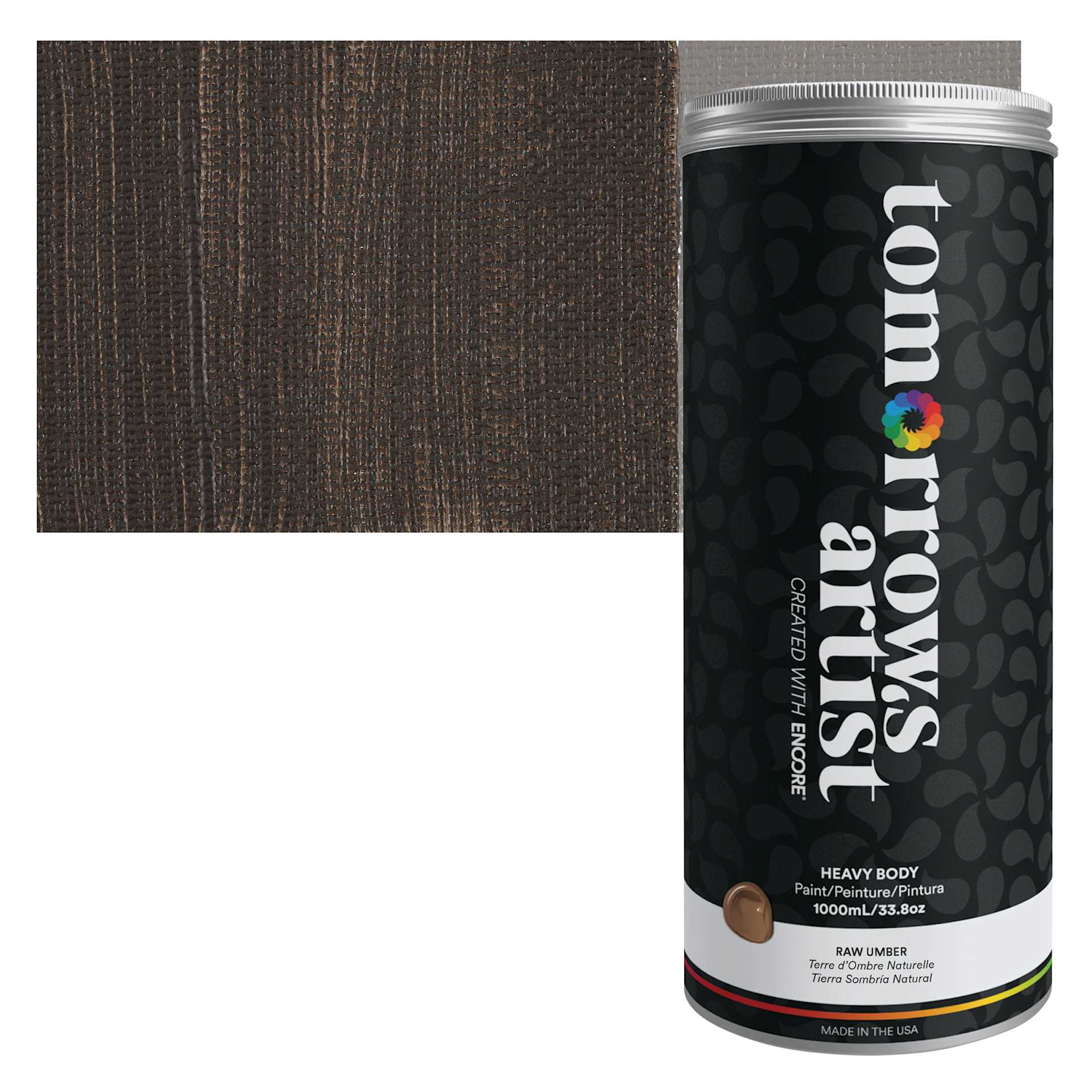 Tomorrow's Artist Eco-Friendly Heavy Body Acrylic Paint - Raw Umber, 1 L jar and swatch