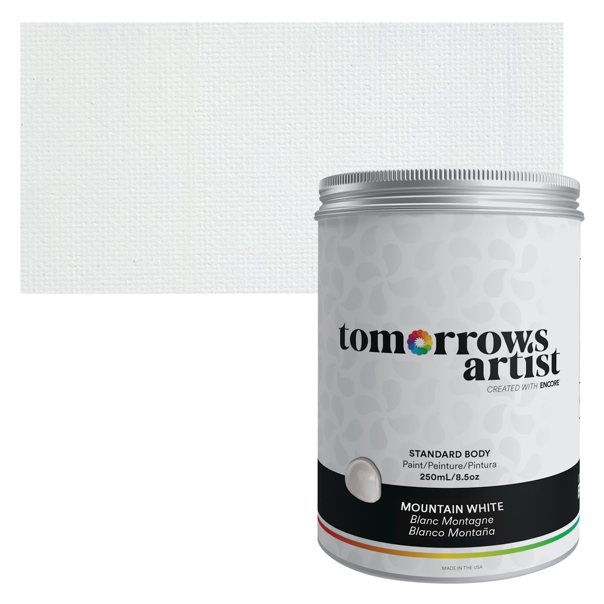 Tomorrow's Artist Eco-Friendly Standard Body Acrylic Paint - Mountain White, 250 ml jar and swatch
