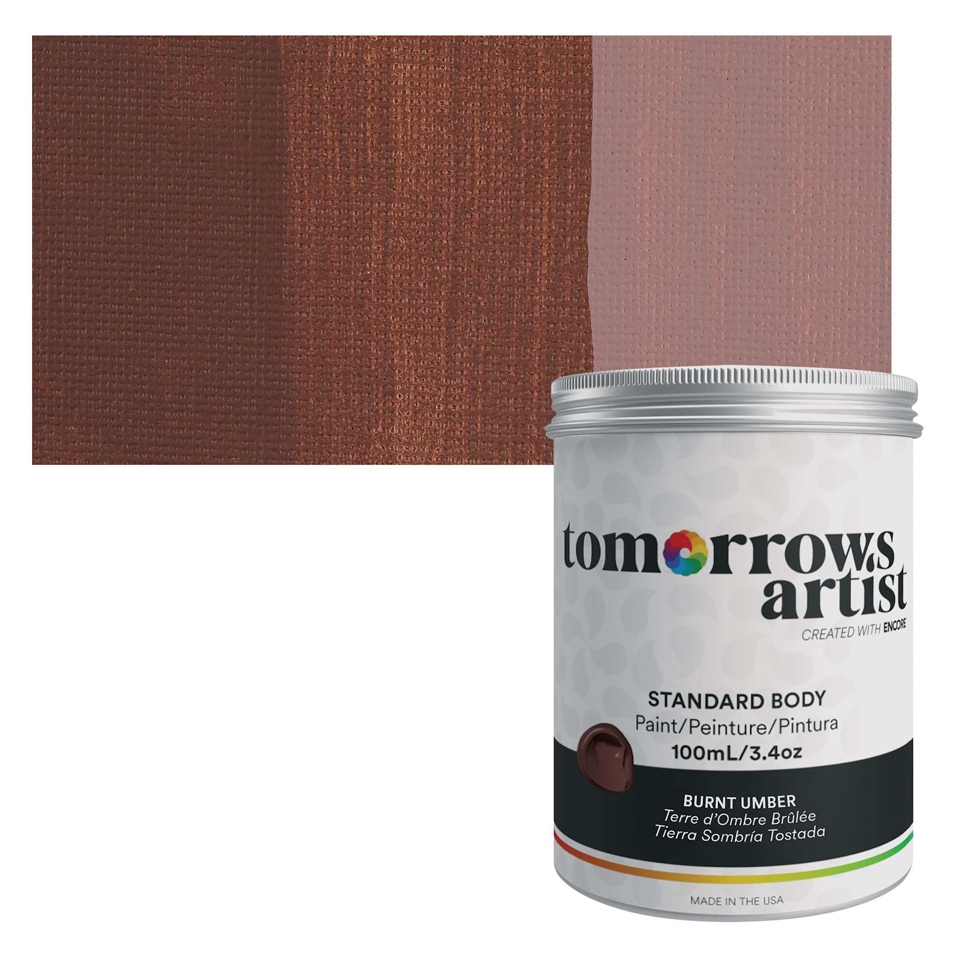 Tomorrow's Artist Eco-Friendly Standard Body Acrylic Paint - Burnt Umber, 100 ml jar and swatch