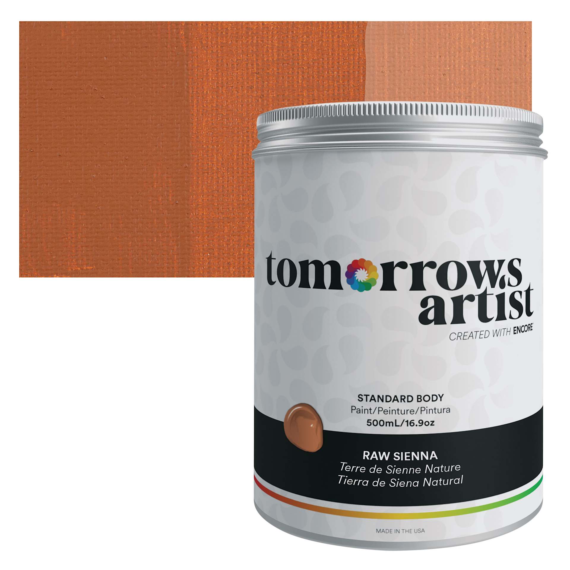 Tomorrow's Artist Eco-Friendly Standard Body Acrylic Paint - Raw Sienna, 500 ml jar and swatch