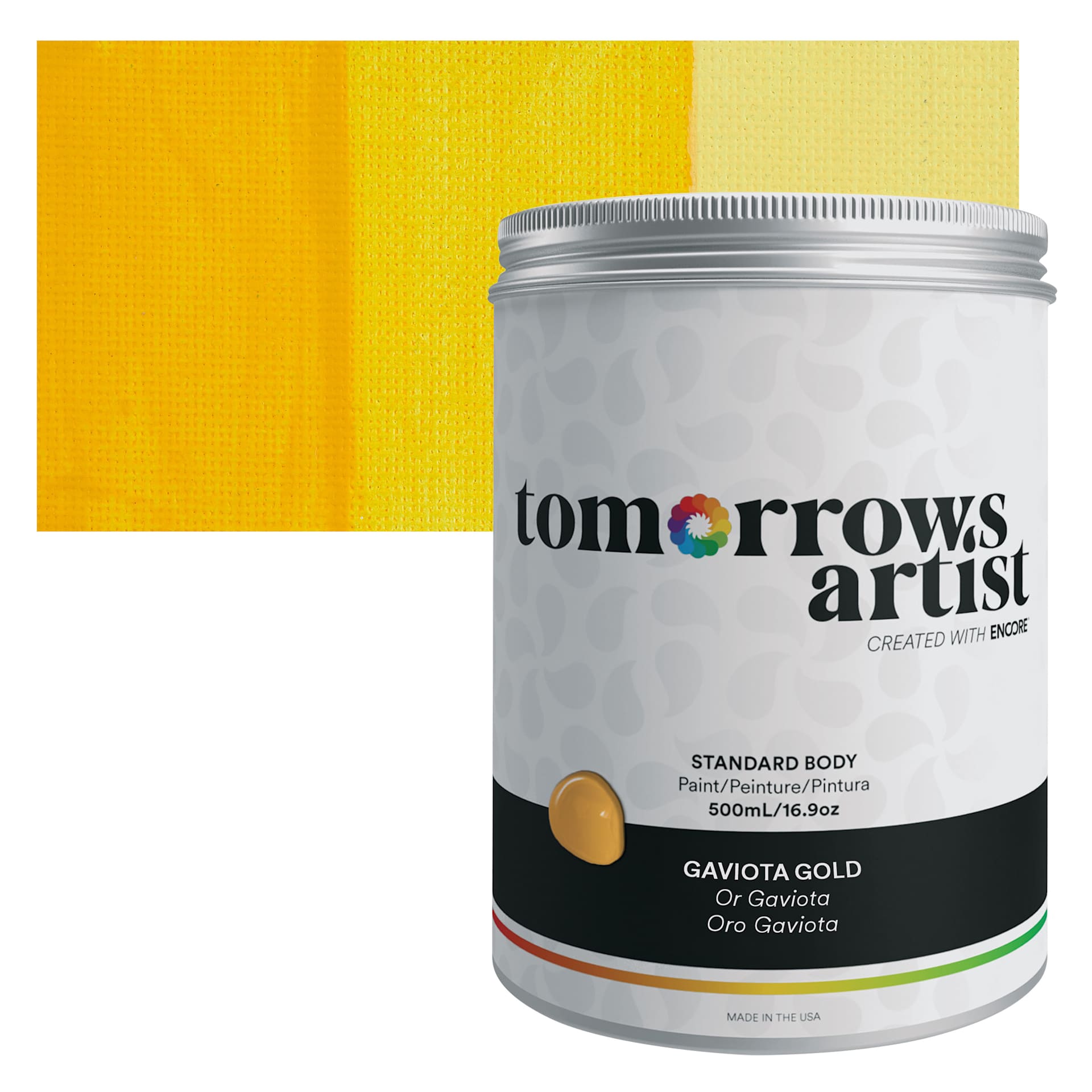 Tomorrow's Artist Eco-Friendly Standard Body Acrylic Paint - Gaviota Gold, 500 ml jar and swatch