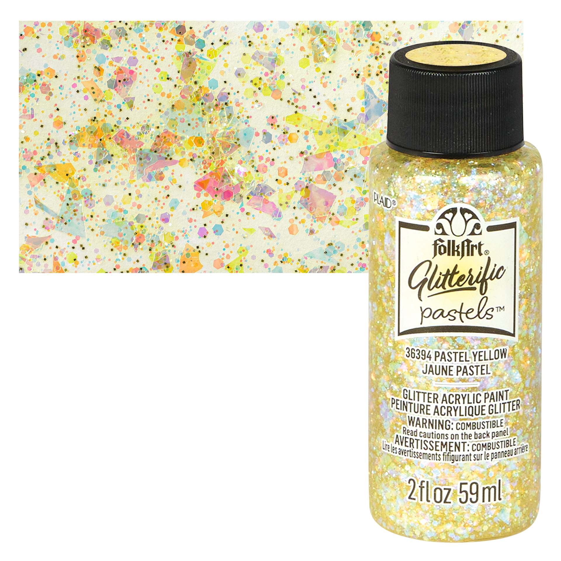 FolkArt Glitterific Pastel Paint - Pastel Yellow, 2 oz, bottle with swatch