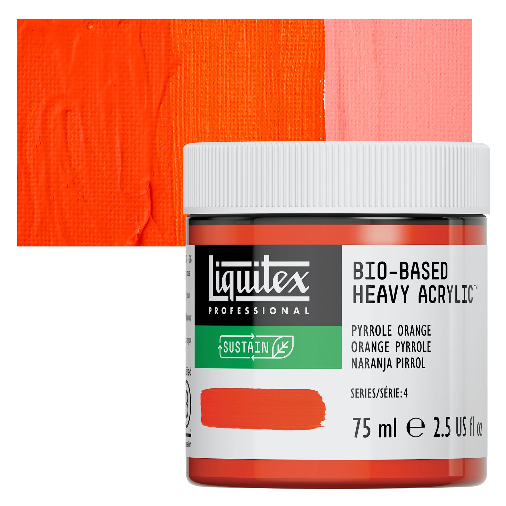 Liquitex Bio-Based Heavy Acrylic Paint - Pyrrole Orange, 75 ml jar and swatch