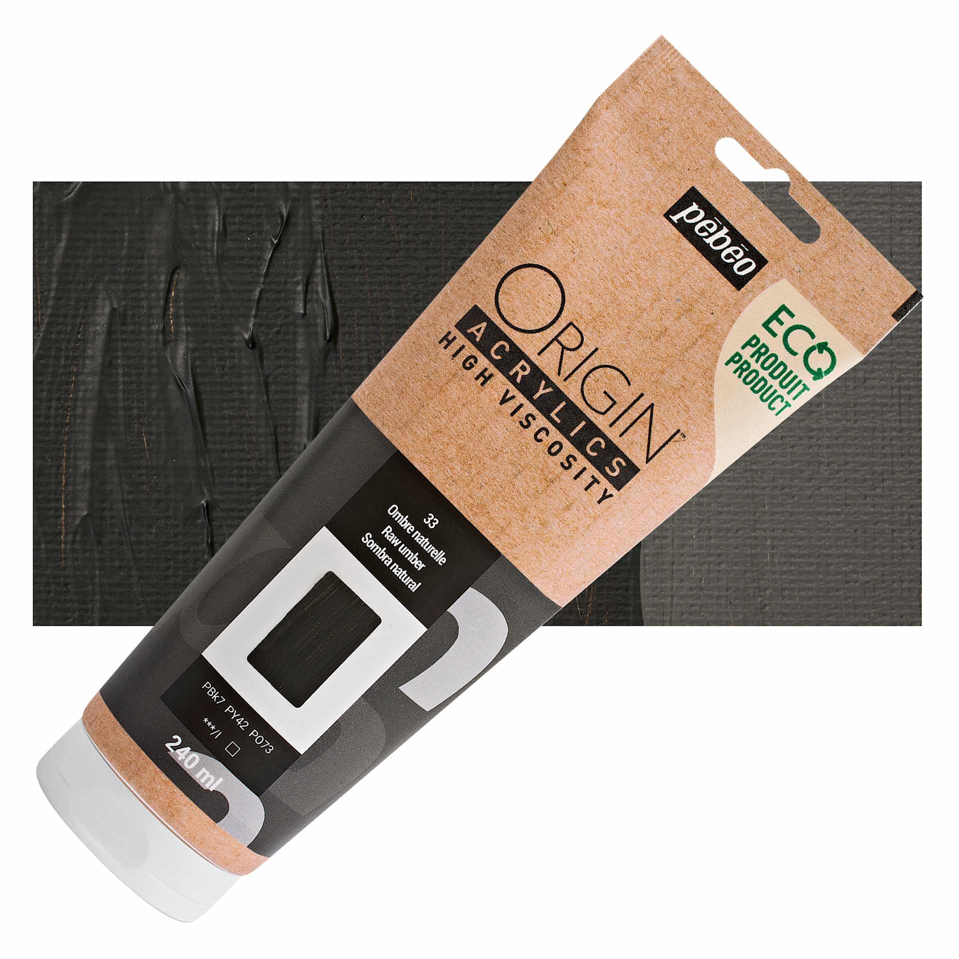 Pebeo Origin Acrylic Paint - Raw Umber, 240 ml tube and swatch