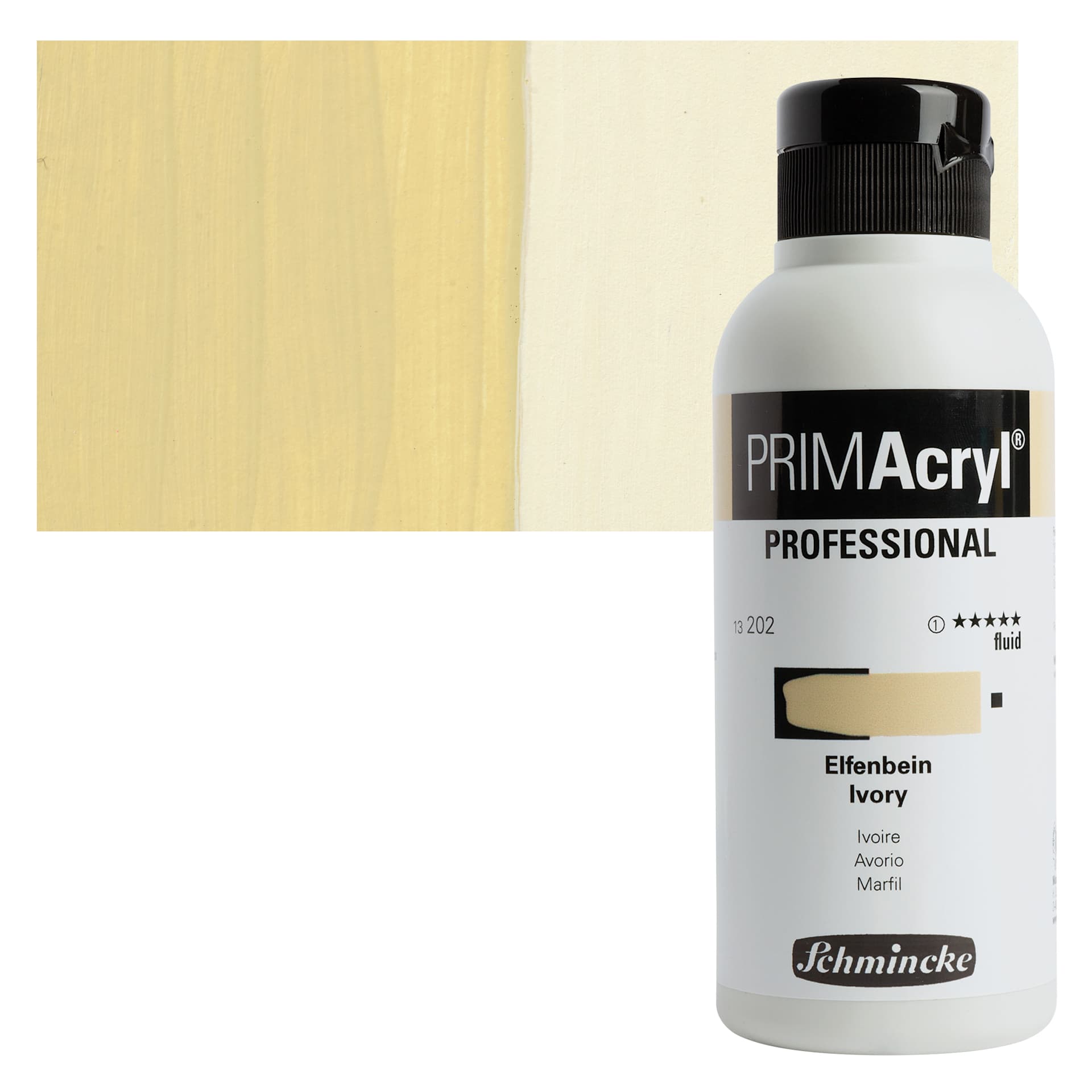 Schmincke Primacryl Professional Fluid Acrylic - Ivory, 250 ml bottle and swatch