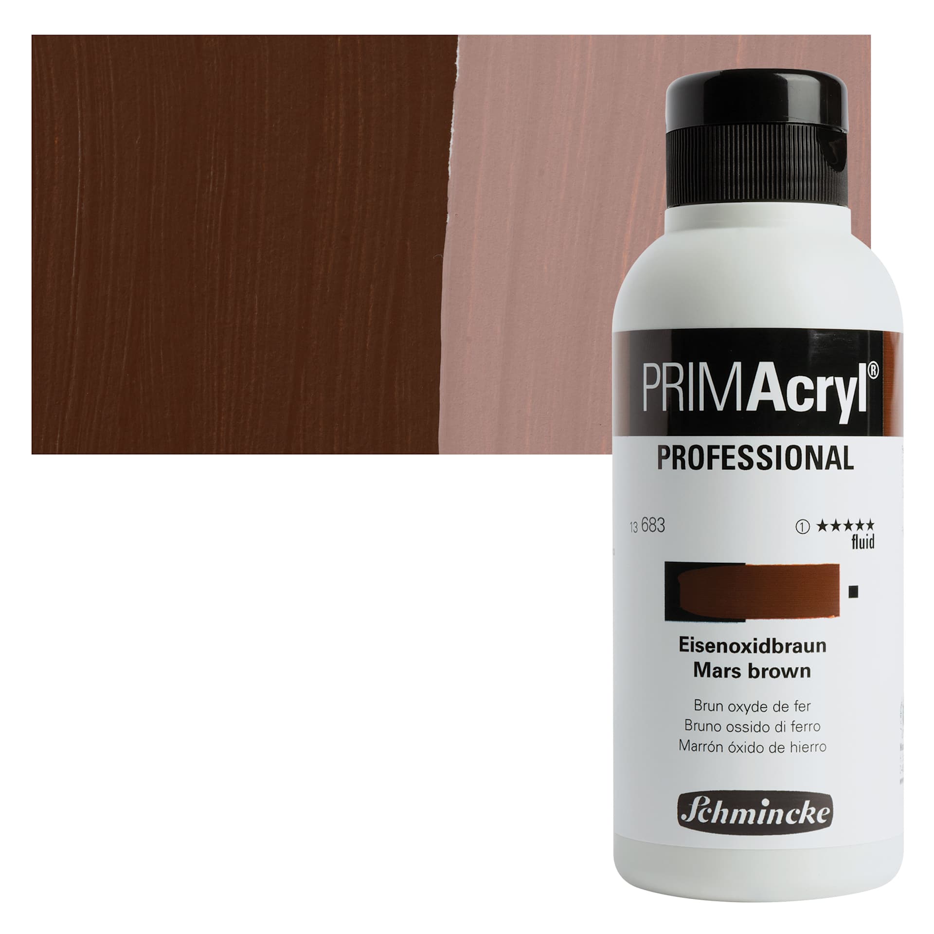 Schmincke Primacryl Professional Fluid Acrylic - Mars Brown, 250 ml bottle and swatch
