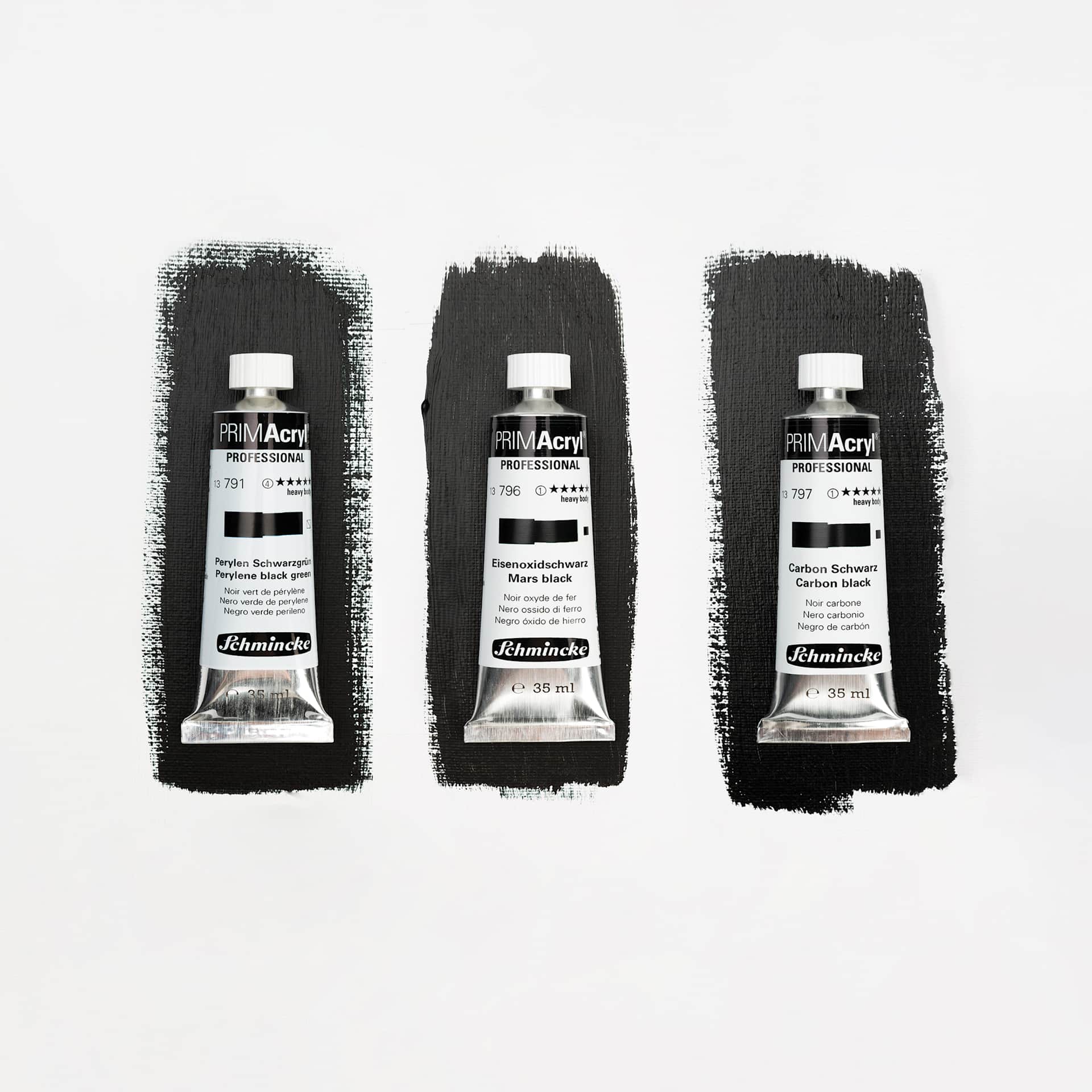 Schmincke Primacryl Professional Acrylics - Set of 3, Blacks, 35 ml tubes and swatches