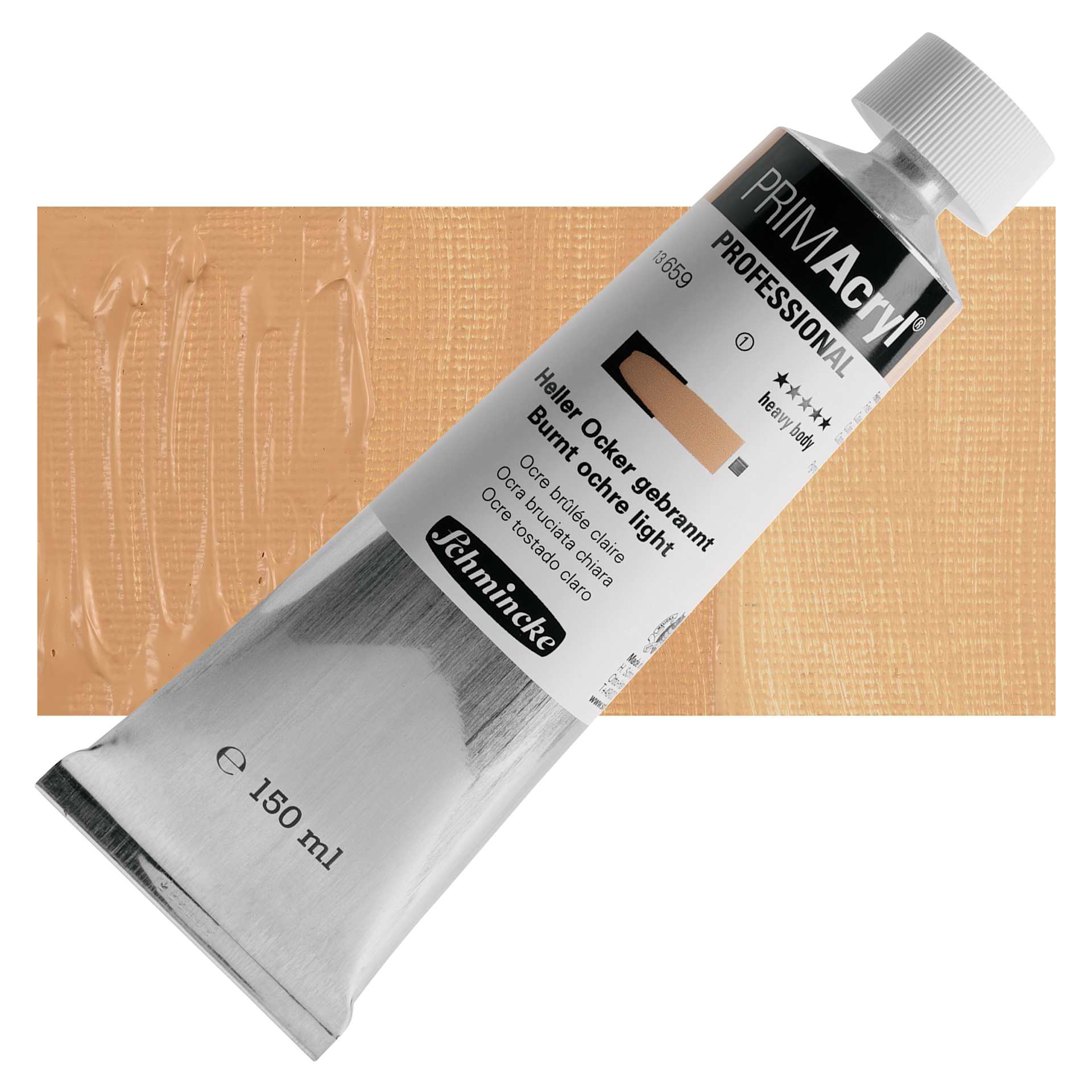 Schmincke Primacryl Professional Acrylic Paint - Burnt Ochre Light, 150 ml Tube and swatch