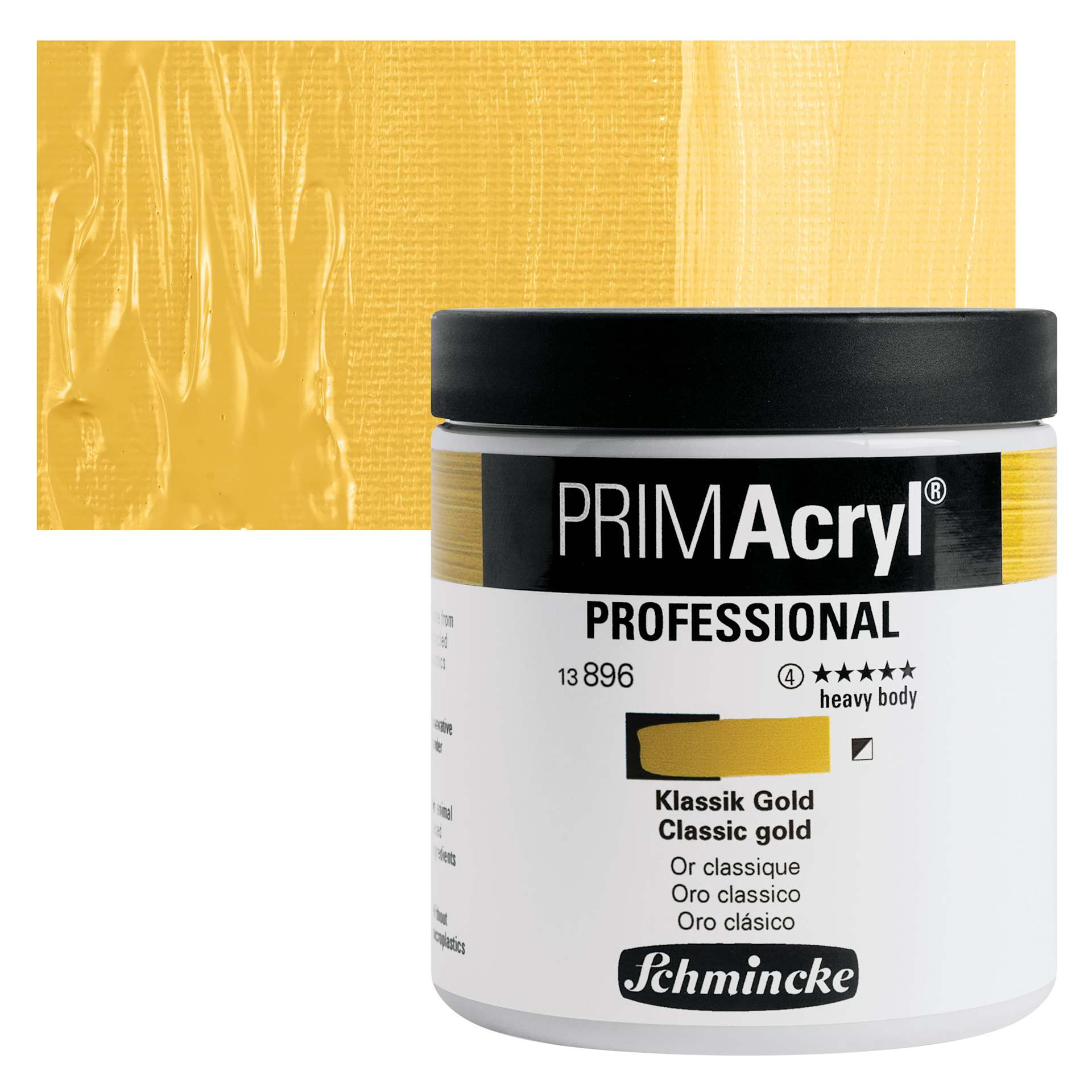 Schmincke Primacryl Professional Acrylic Paint - Classic Gold, 237 ml Jar and swatch