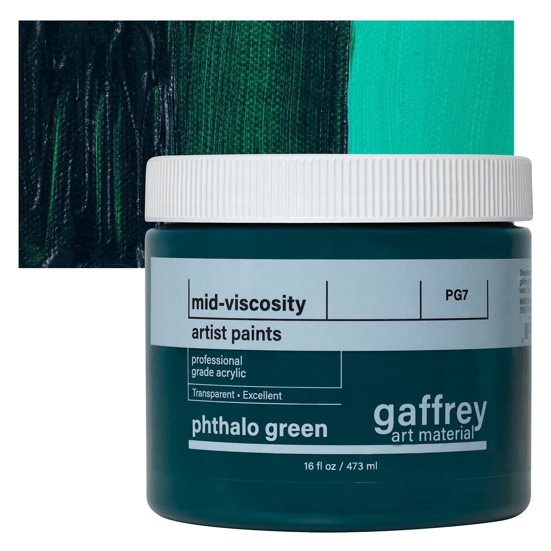 Gaffrey Art Material Standard Body Acrylic Paint - Phthalo Green, 473 ml jar and swatch