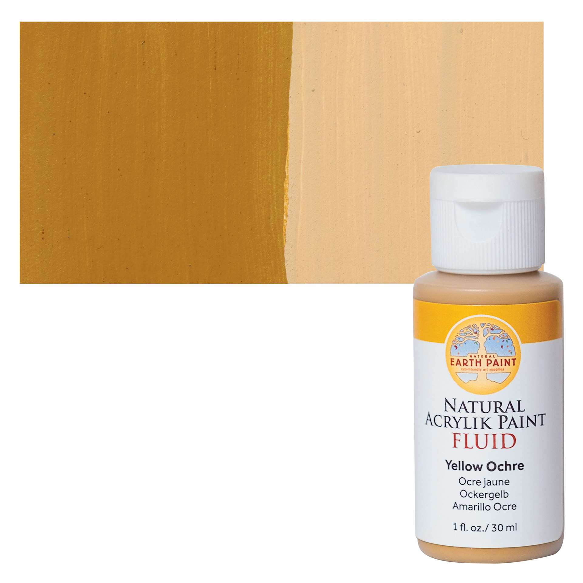 Natural Earth Paint Natural Fluid Acrylik Paint - Yellow Ochre, 30 ml Bottle and Swatch