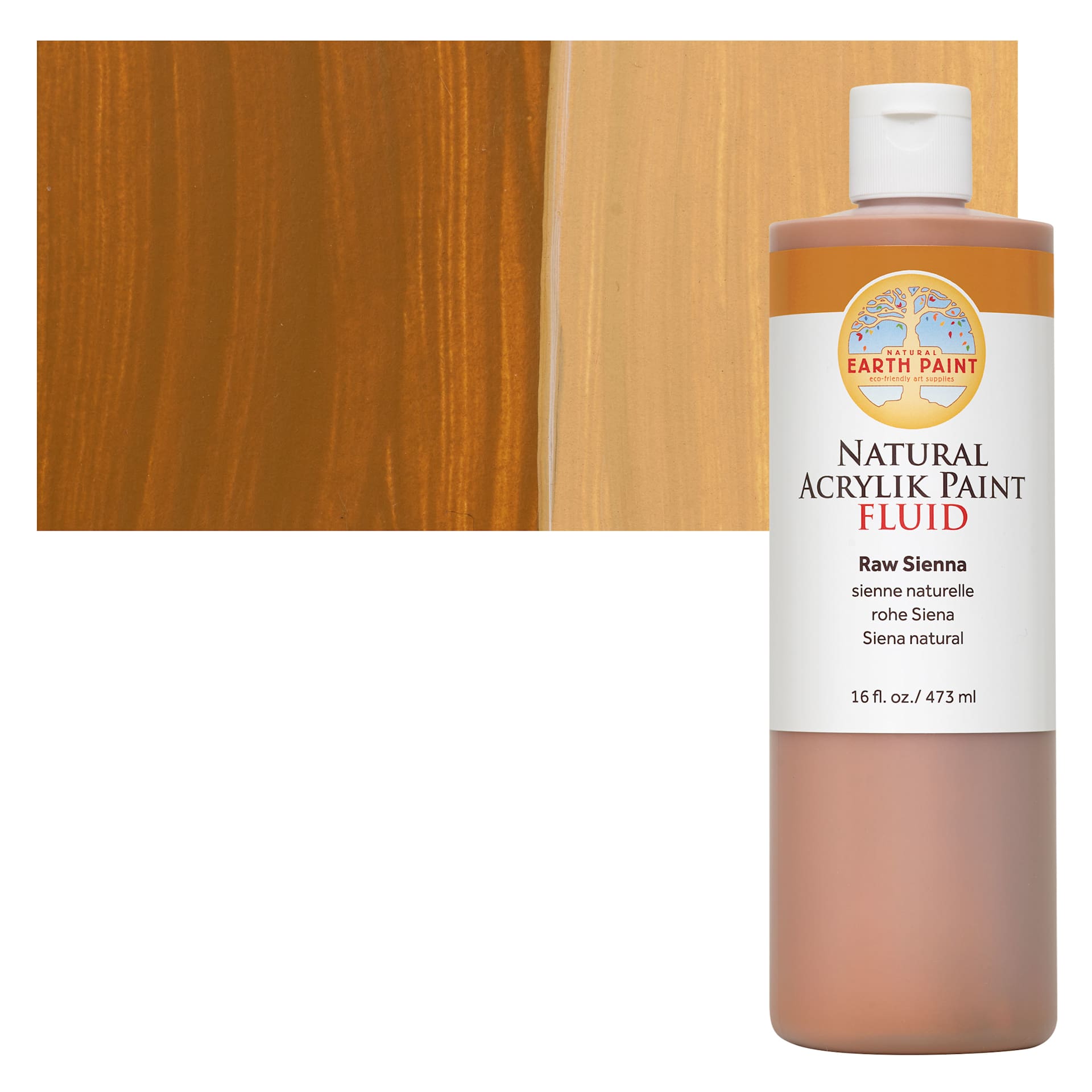 Natural Earth Paint Natural Fluid Acrylik Paint - Raw Sienna,  473 ml bottle and swatch