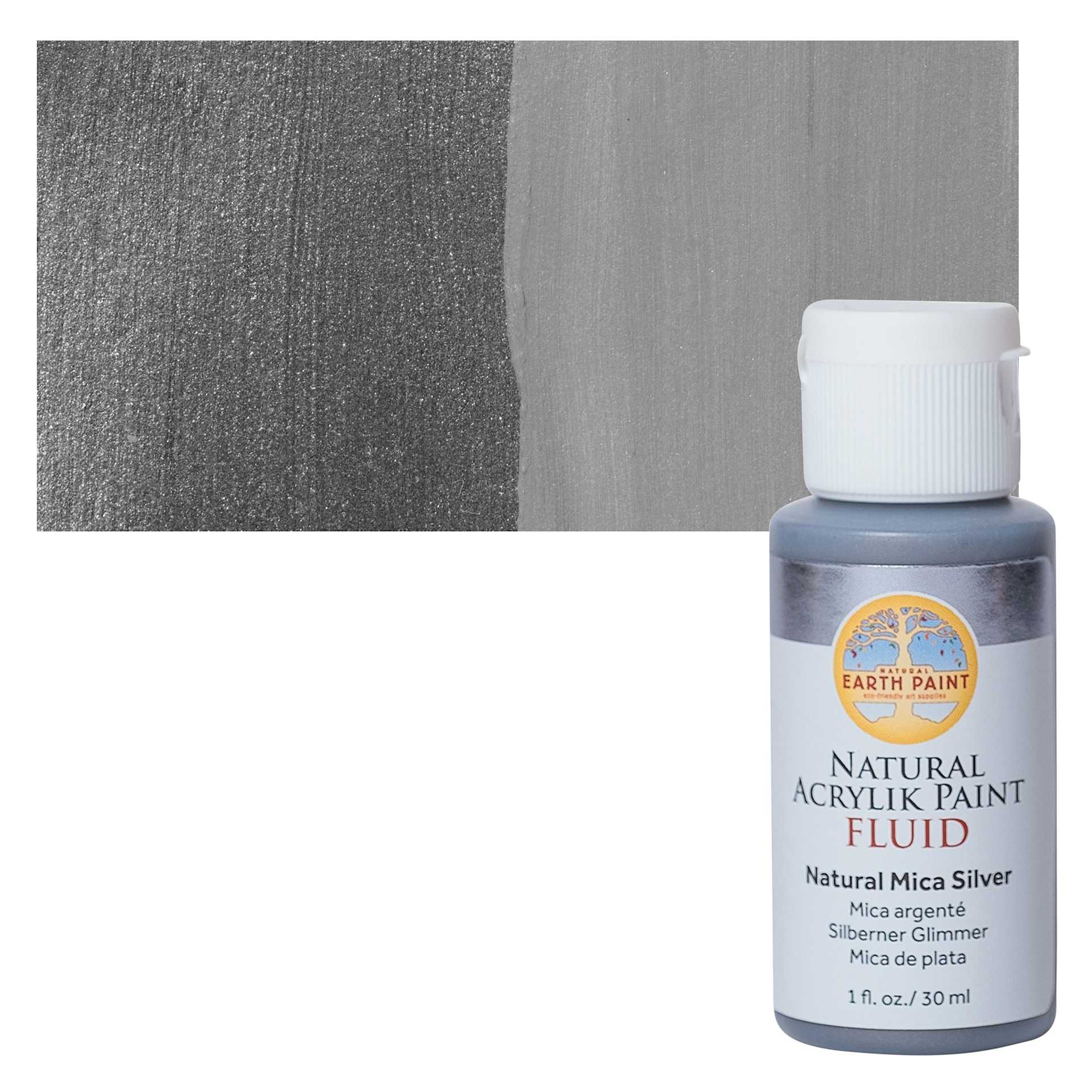 Natural Earth Paint Natural Fluid Acrylik Paint - Silver Mica, 30 ml Bottle and Swatch