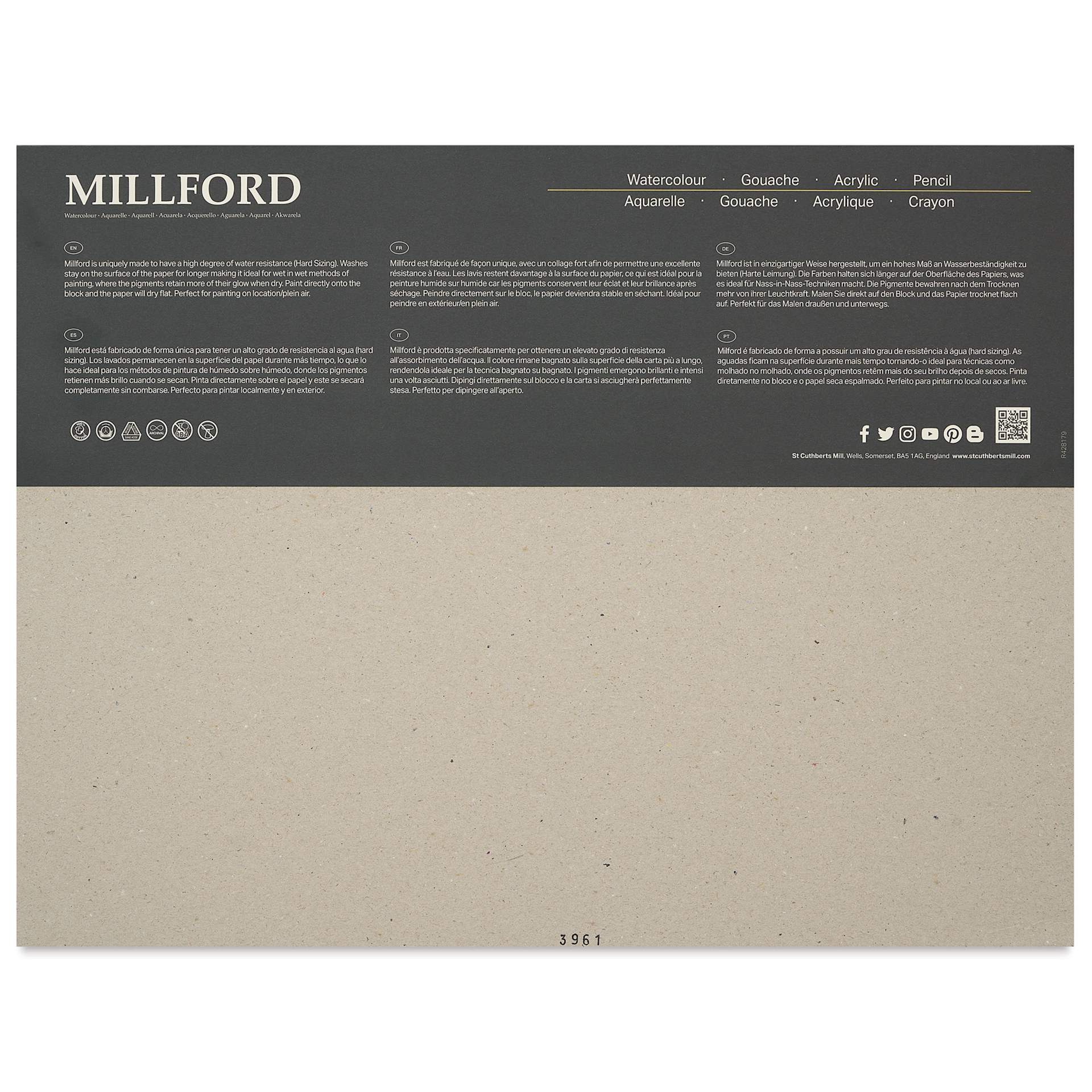 St Cuthbert's Millford Watercolor Paper Block - 12" x 16", Cold Press, 140 lb, 20 sheets, back of packaging