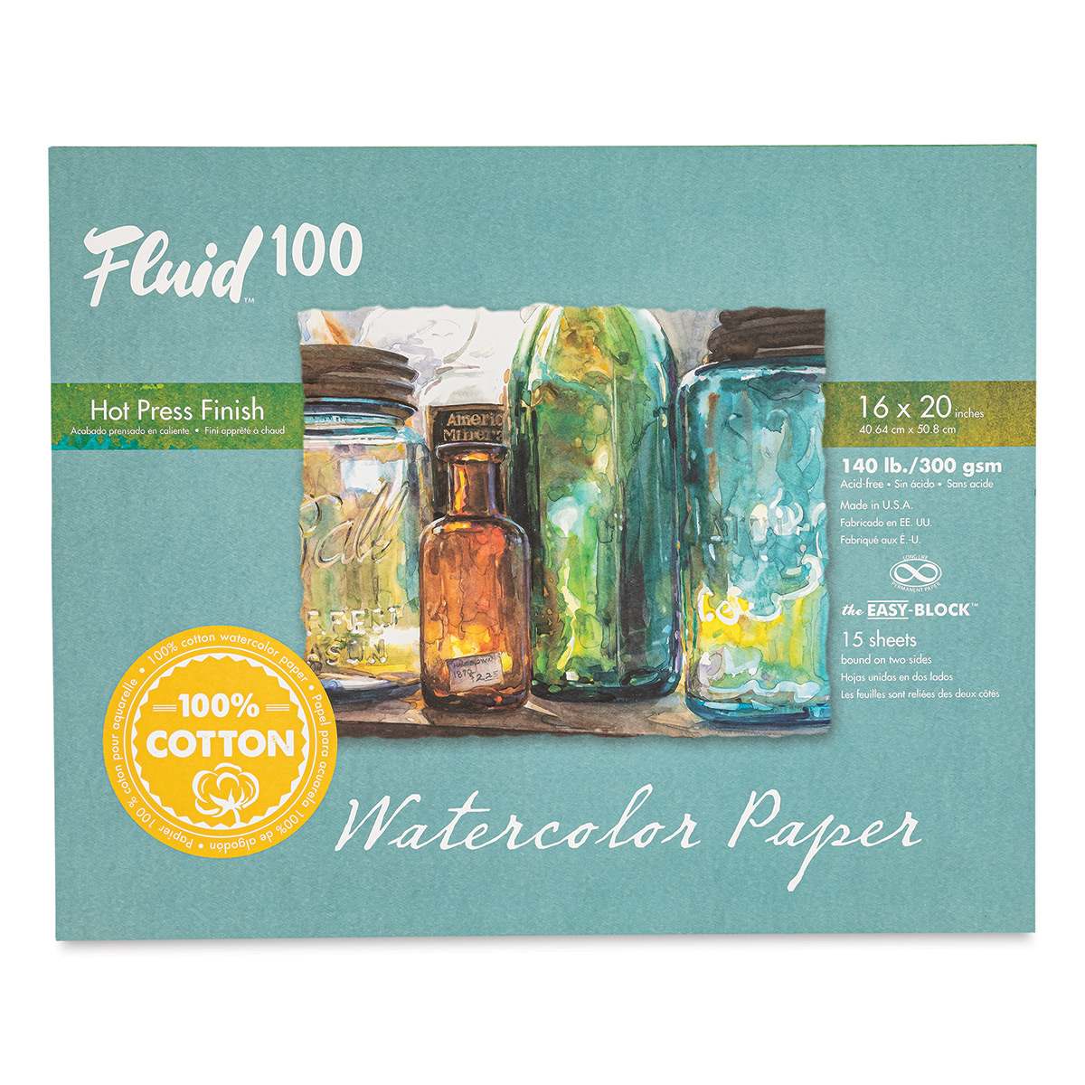 Fluid 100 Watercolor Paper Block - 16" x 20", Hot Press, 140 lb, 15 Sheets