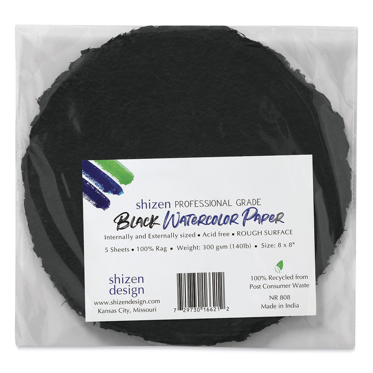 Shizen Black Watercolor Paper - 8" Round, Cold Press/Rough, 5 Sheet Pkg in package